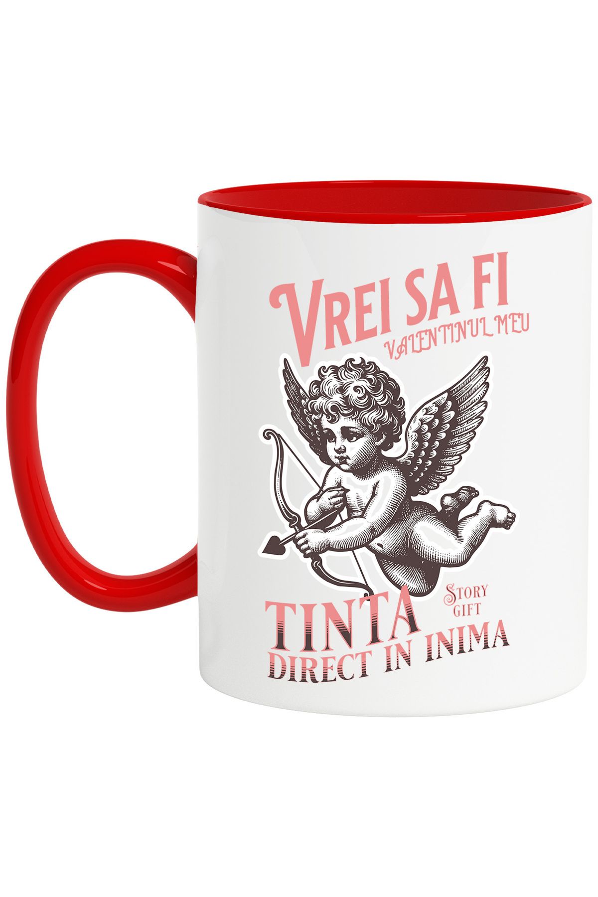 StoryGift Romania Cana Inger Bebe Cu Arc Si Sageti Valentine's Day, 330ml, Ceramic Cu Maner Rosu, Cu Maner Rosu Stg - One Size