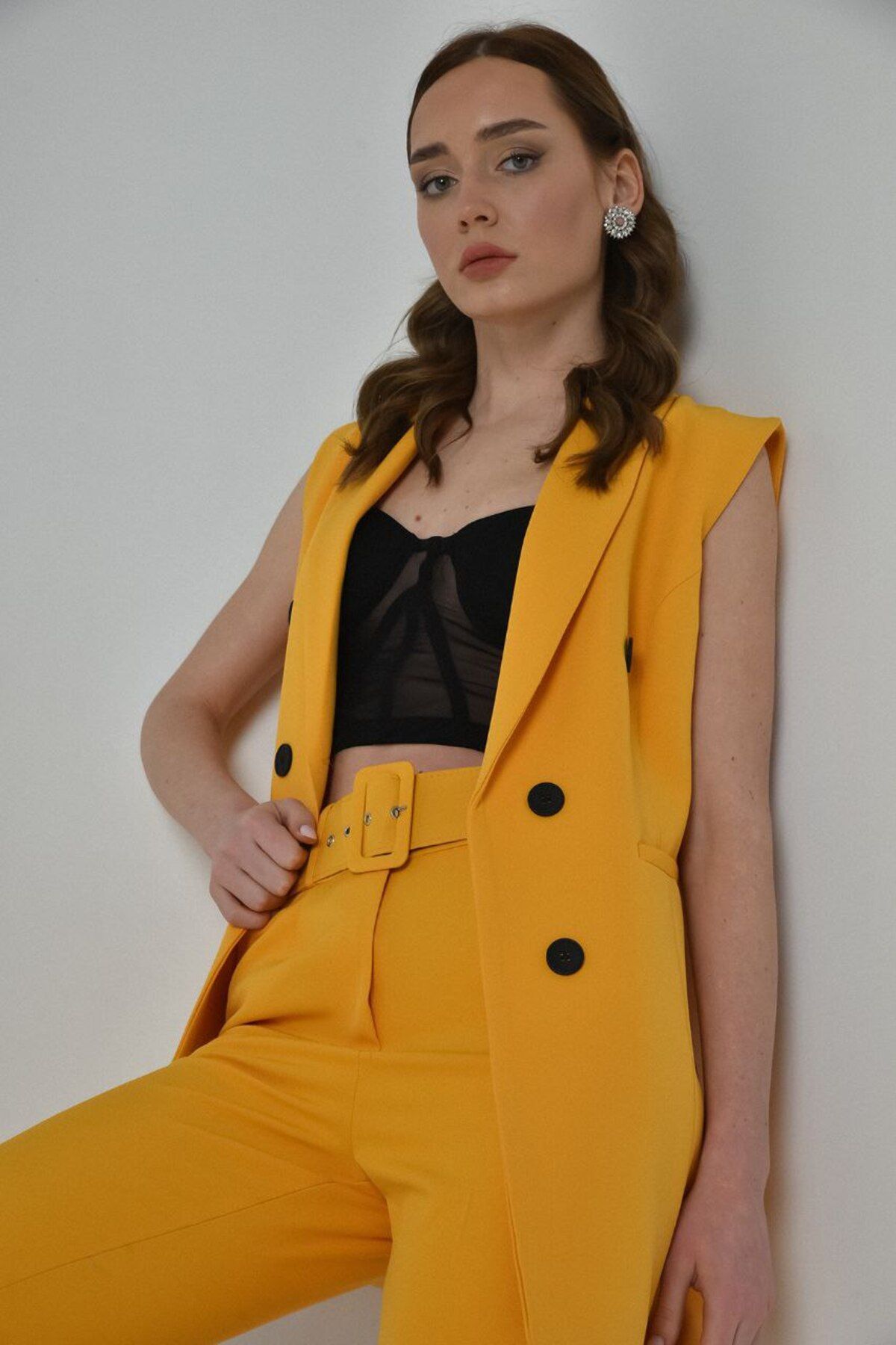 Castivo Fashion Double Düğmeli Kemerli Kolsuz Takım