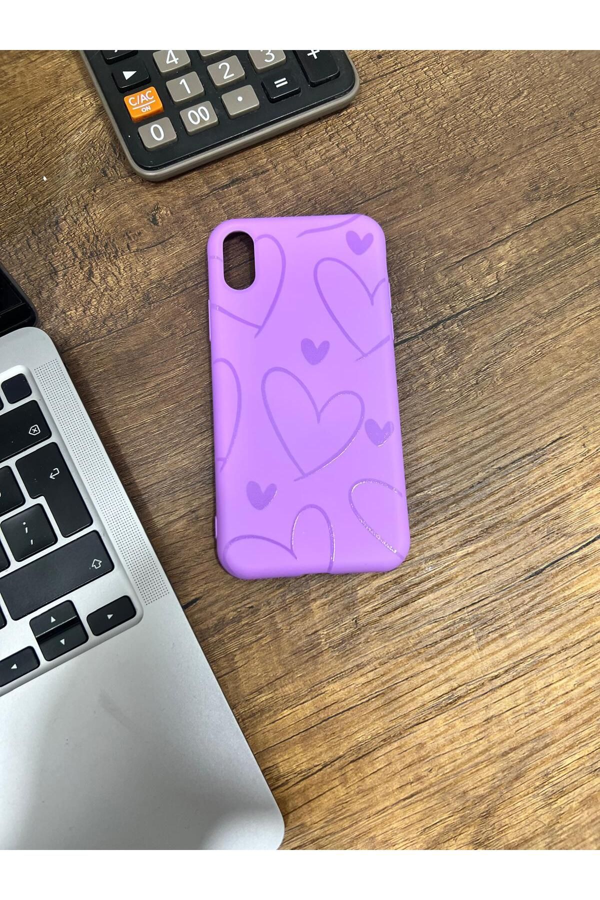 HZR Iphone XS Kalp Desenli Mor Silikon Kılıf