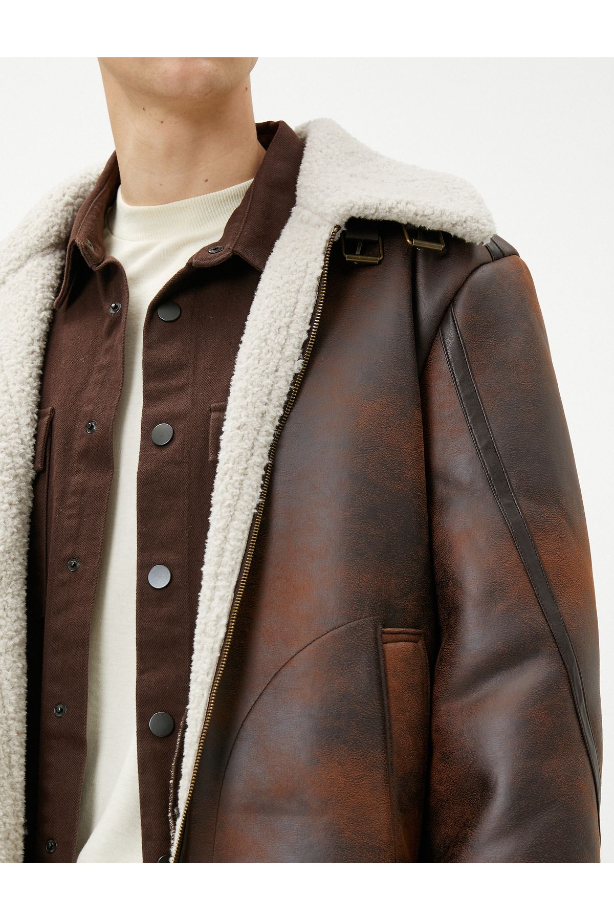 Koton-Leather Look Jacket with Abstract Detail and Plush Inside Zipper Pocket 5