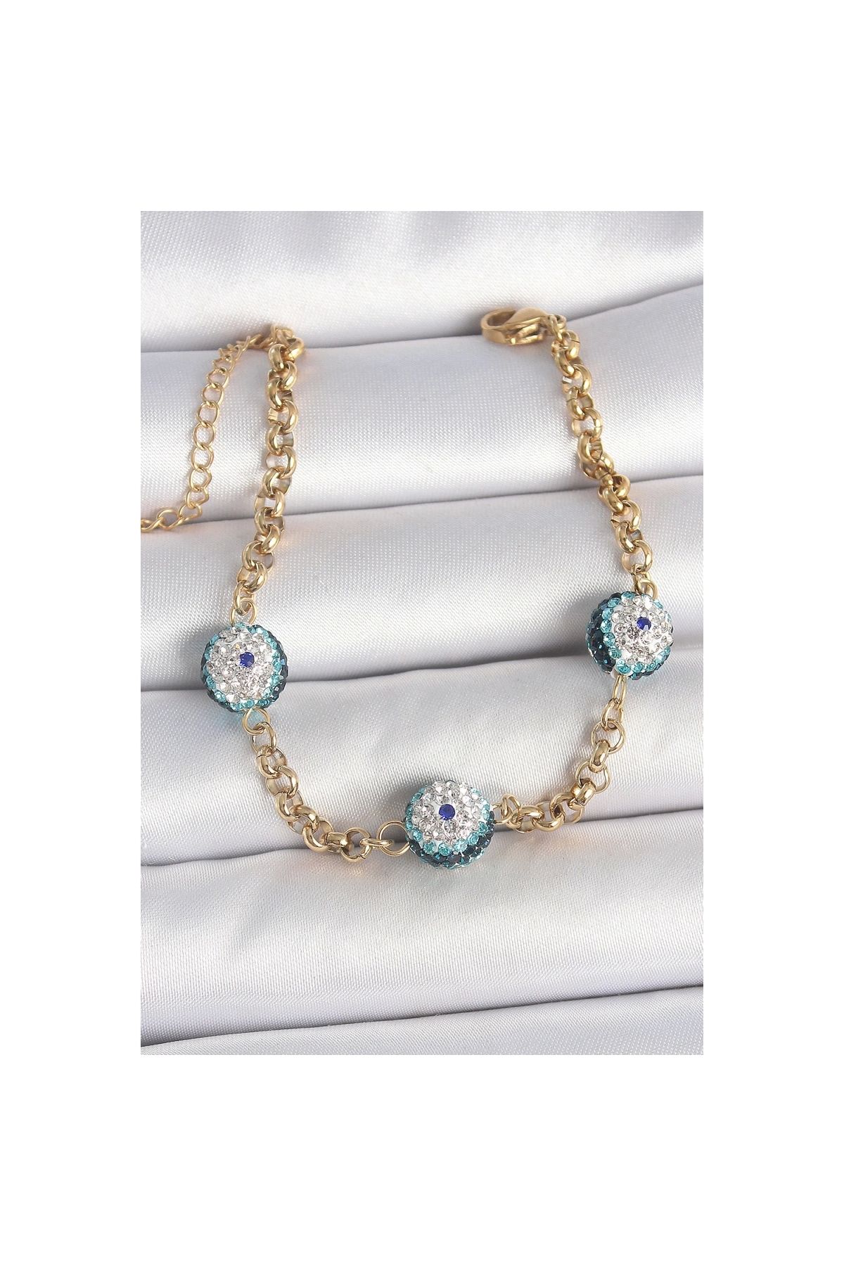 Marsilyan 316L Çelik Gold Renk Zirkon Taşlı Nazar Boncuk Model Kadı Bileklik - TJ-BB6958