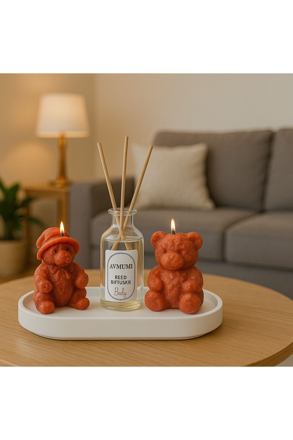 aymumi home Ayıcık Mum ve Baby Kokulu Reed Difüzör Seti – Hediye ve Dekoratif
