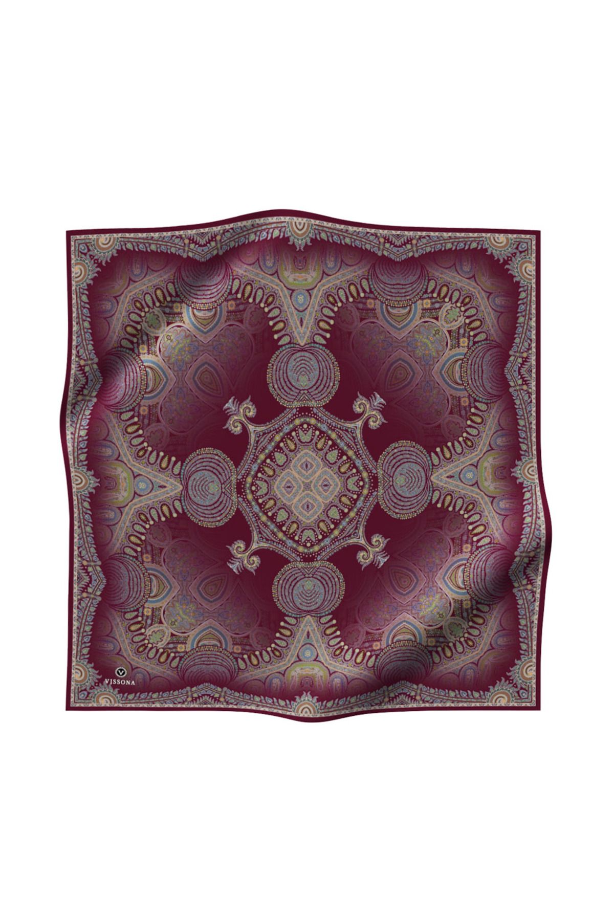 Vissona %100 Twill İpek Şal Desenli Bordo Renkli 90x90 Eşarp Dikim Şekli : El Dikişi