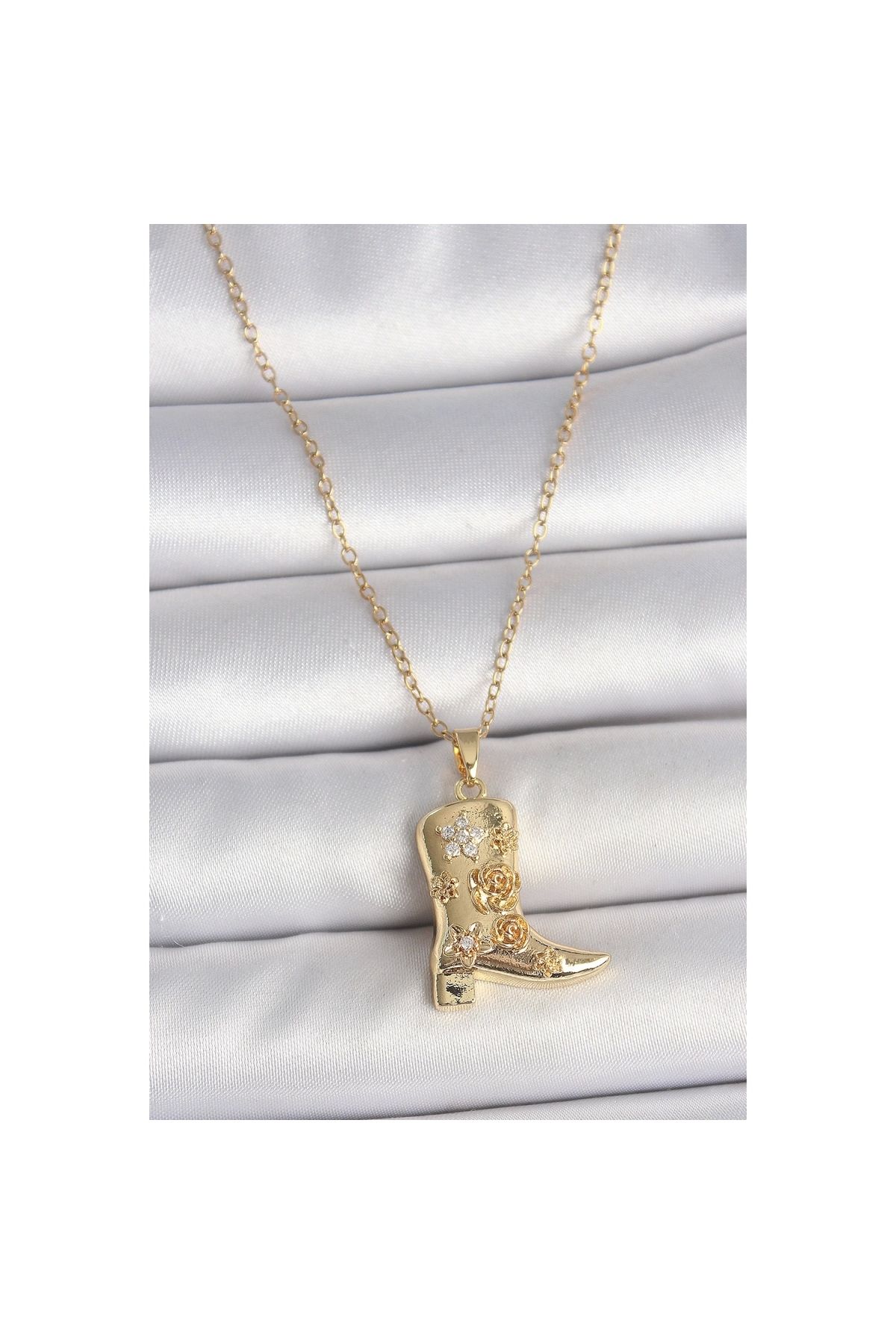 Marsilyan 316L Çelik Gold Renk Zirkon Taşlı İşleme Detaylı Çizme Model Kadın Kolye - TJ-BKO10091
