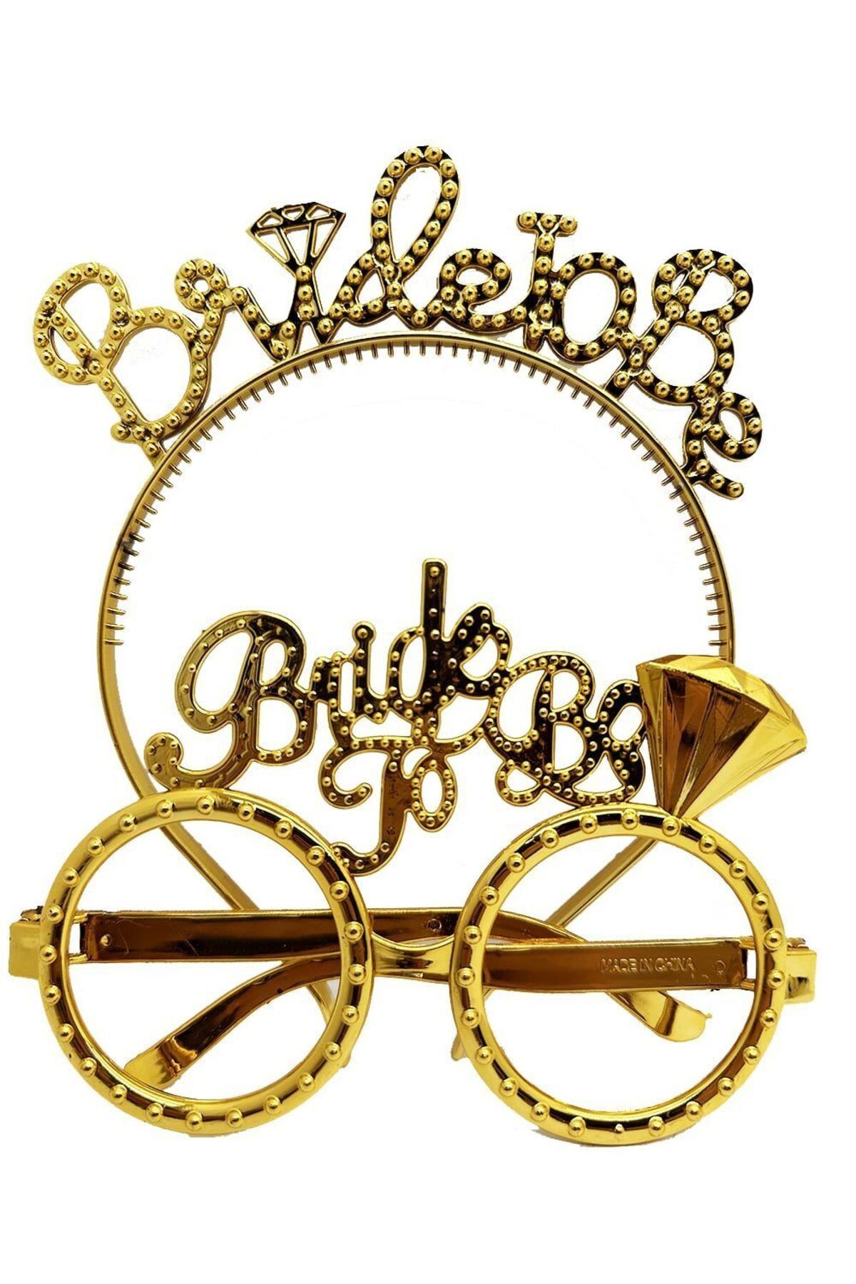 melfxxl eticaret Bride To Be Yazılı Taç ve Bride To Be Yazılı Gözlük Seti Altın Renk