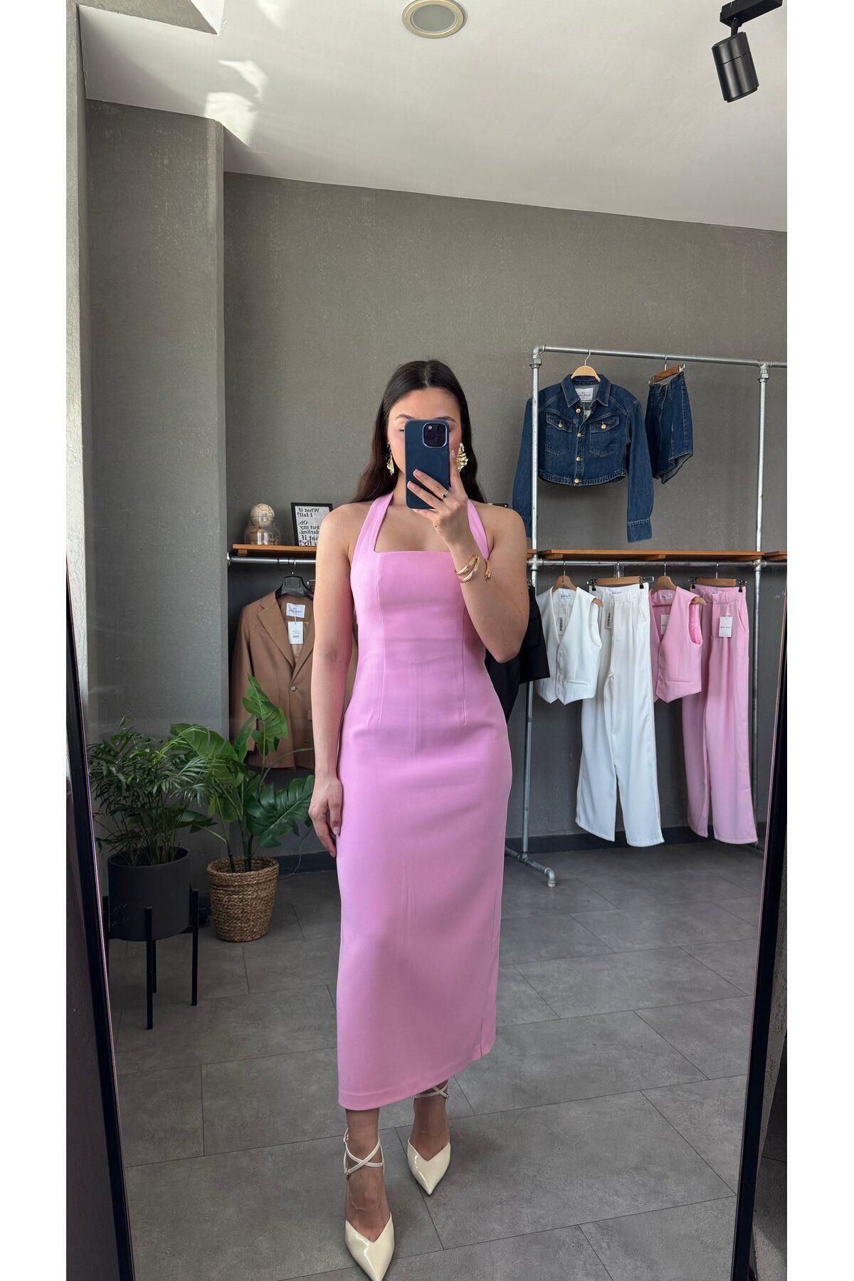 Glysso Halter Yaka Yırtmaçlı Midi Elbise Pembe