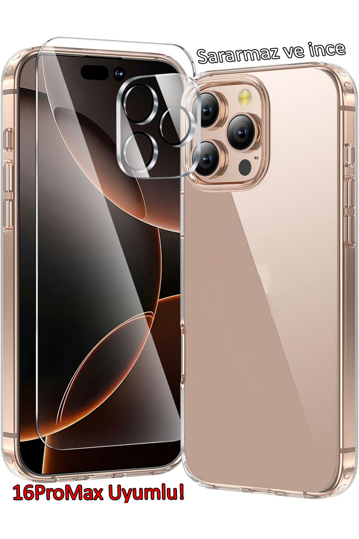 EDELFU İPhone 16 Pro Max Sert Sararmaz Kılıf, Kalın Ekran Koruyucu Şeffaf Kamera Koruyucu (3'lü Set)
