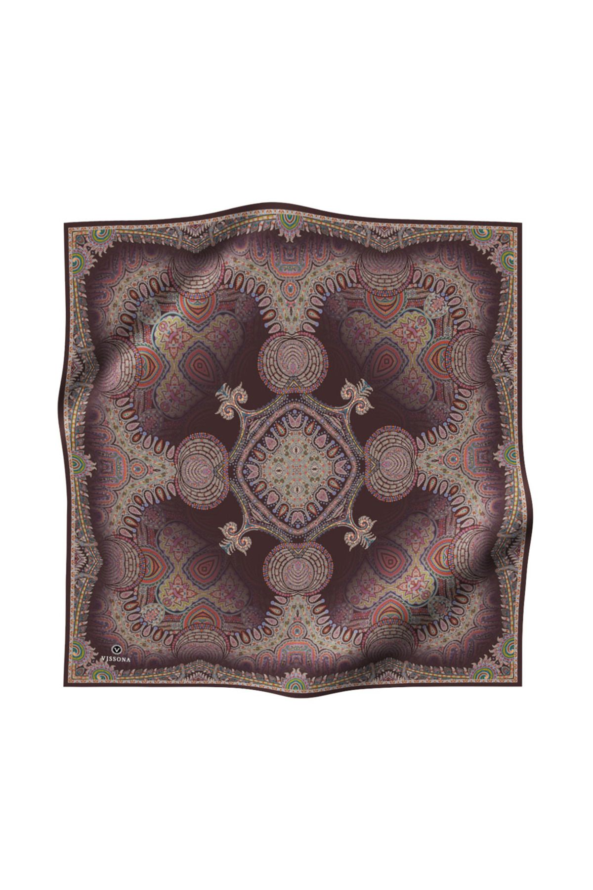 Vissona %100 Twill İpek Şal Desenli Kahverengi Renkli 90x90 Eşarp Dikim Şekli : El Dikişi