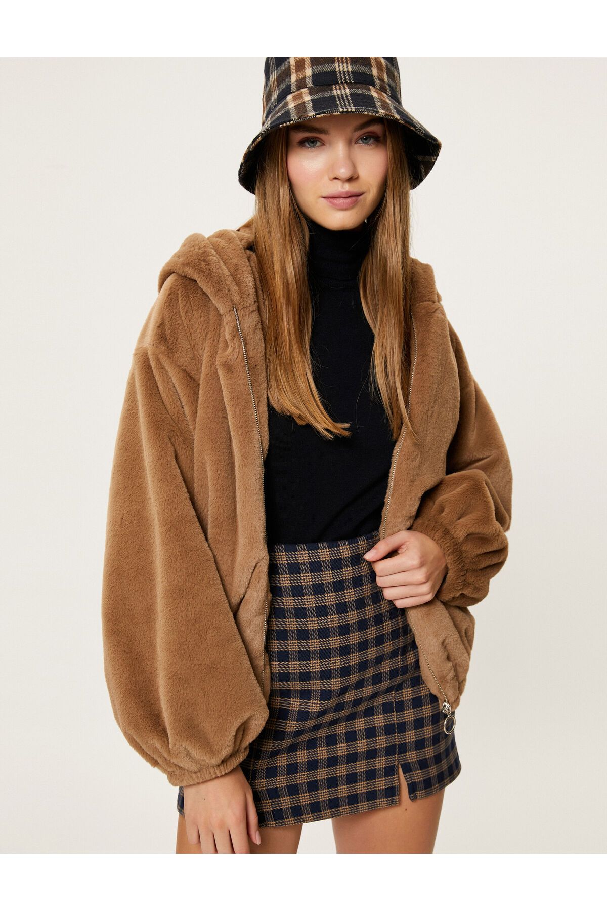 Koton-Hooded Plush Jacket Zippered Long Sleeves with Elastic Cuffs 2