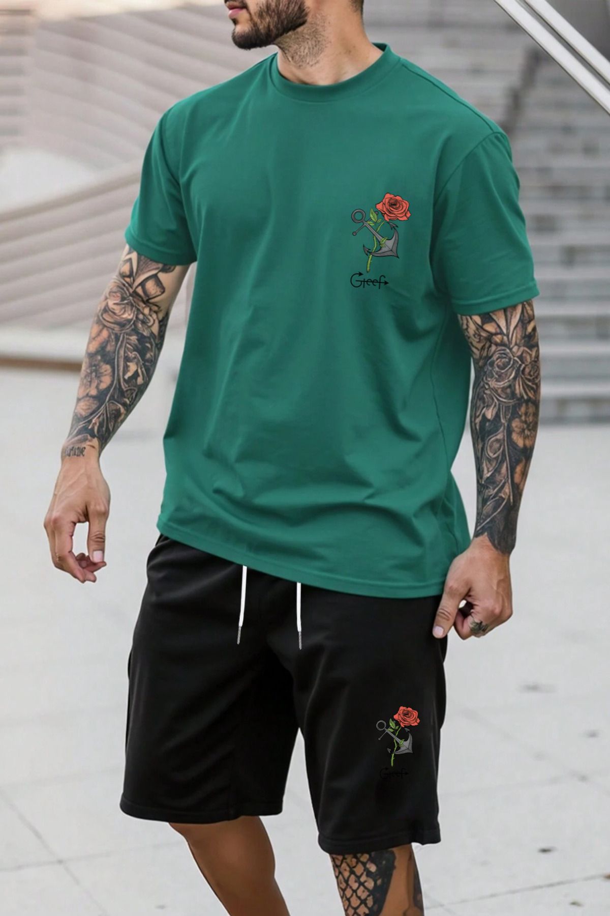 MELADYAN Gül Çapa Baskılı Yeşil T-shirt Siyah Şort Alt Üst Takım