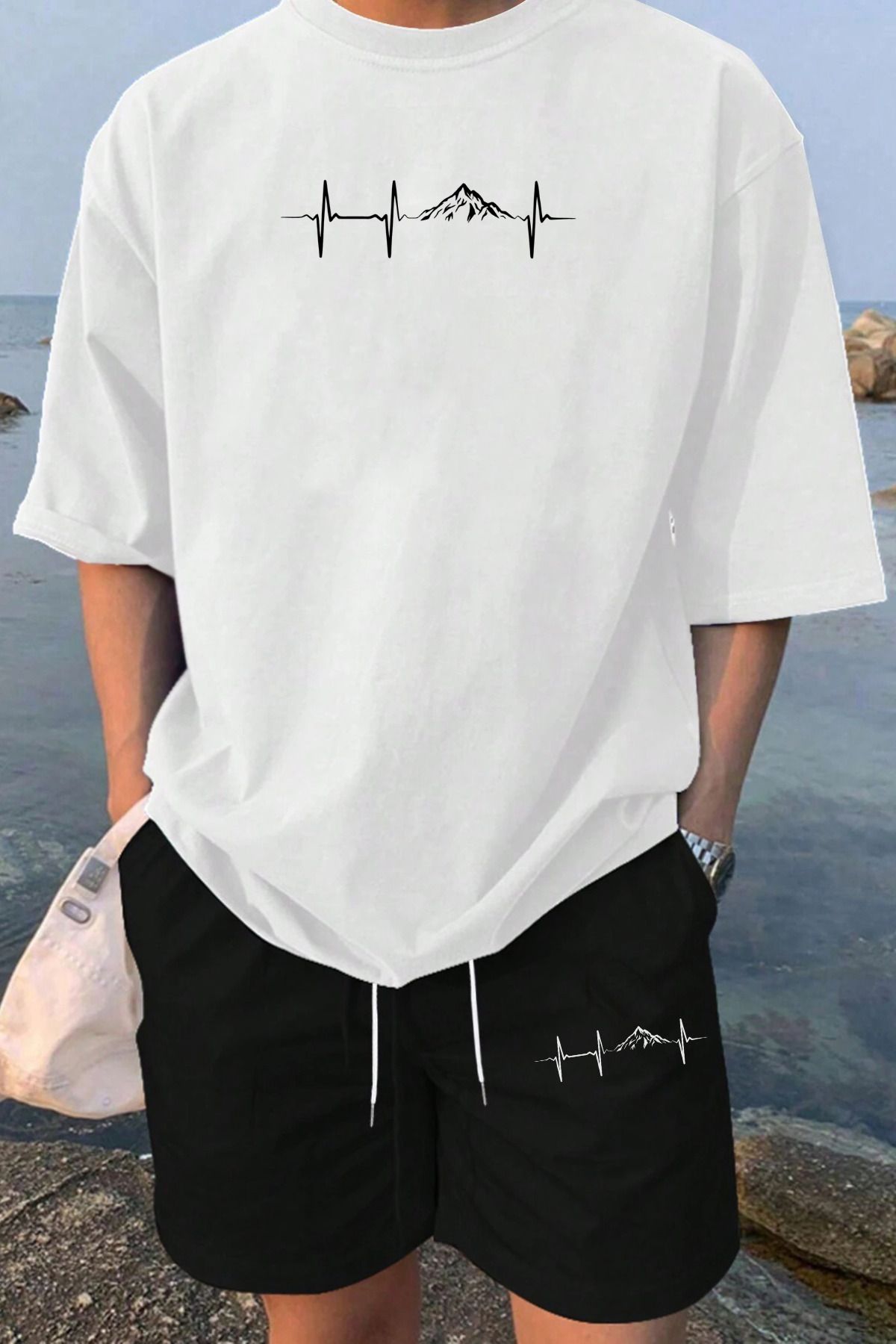MELADYAN Ritim Dağ Baskılı Beyaz T-shirt Siyah Şort Alt Üst Takım