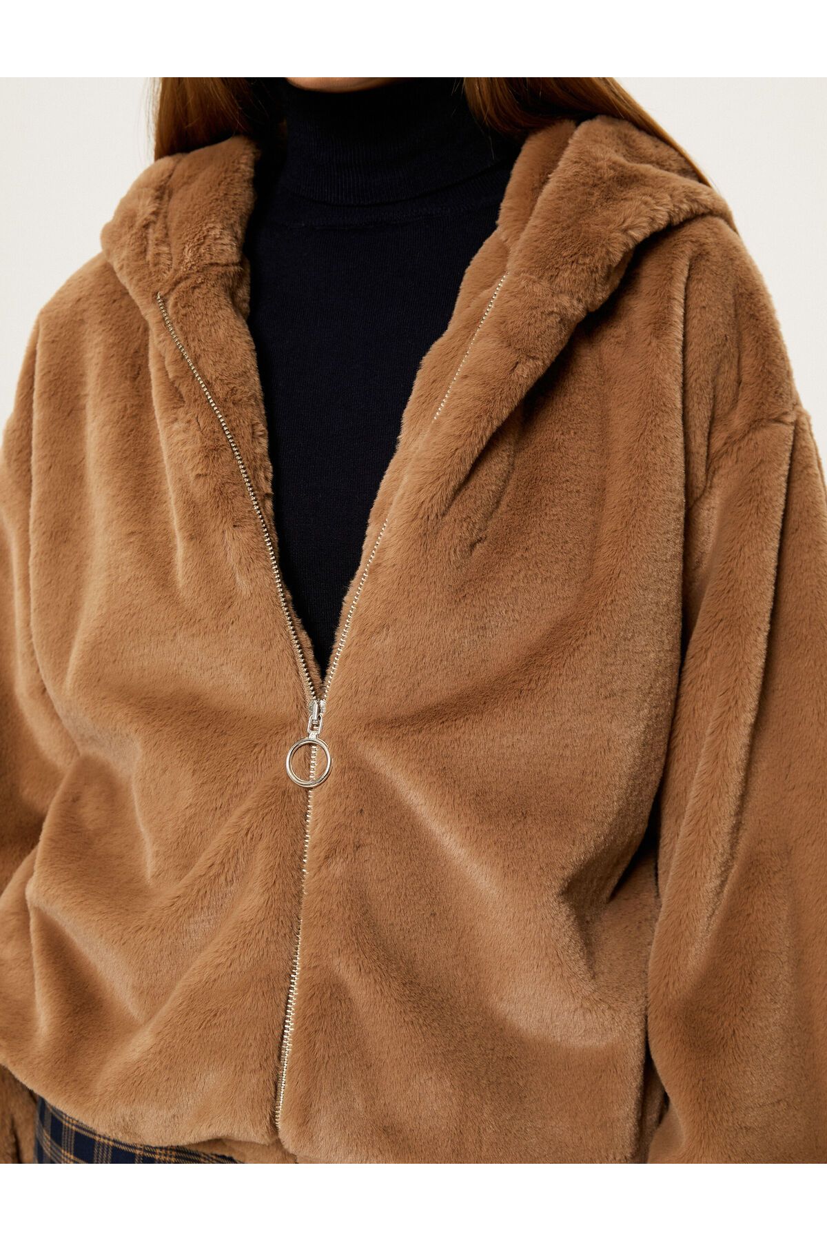 Koton-Hooded Plush Jacket Zippered Long Sleeves with Elastic Cuffs 5