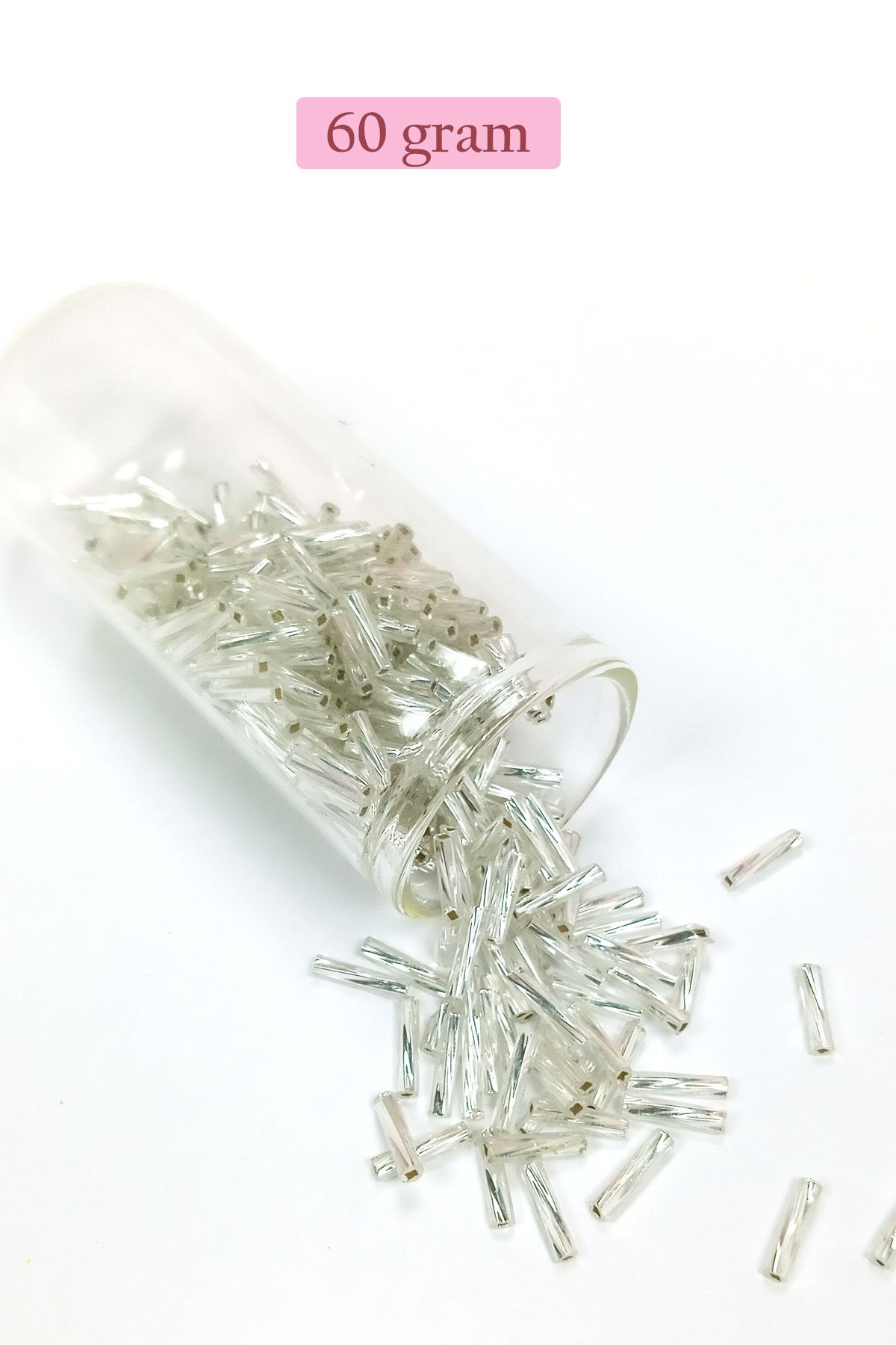 Royaleks Uzun Boru Kesme Boncuk Çap 2mm Uzunluk 10 mm - 60 Gram - Parlak Gümüş - BNC296