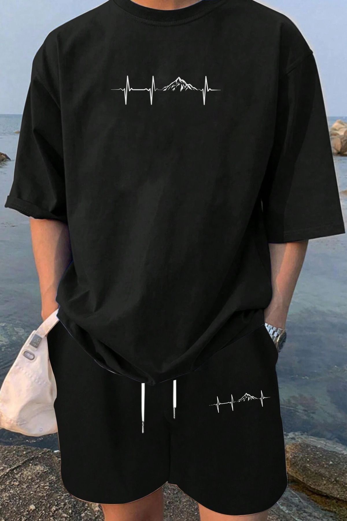 MELADYAN Ritim Dağ Baskılı Siyah T-shirt Siyah Şort Alt Üst Takım