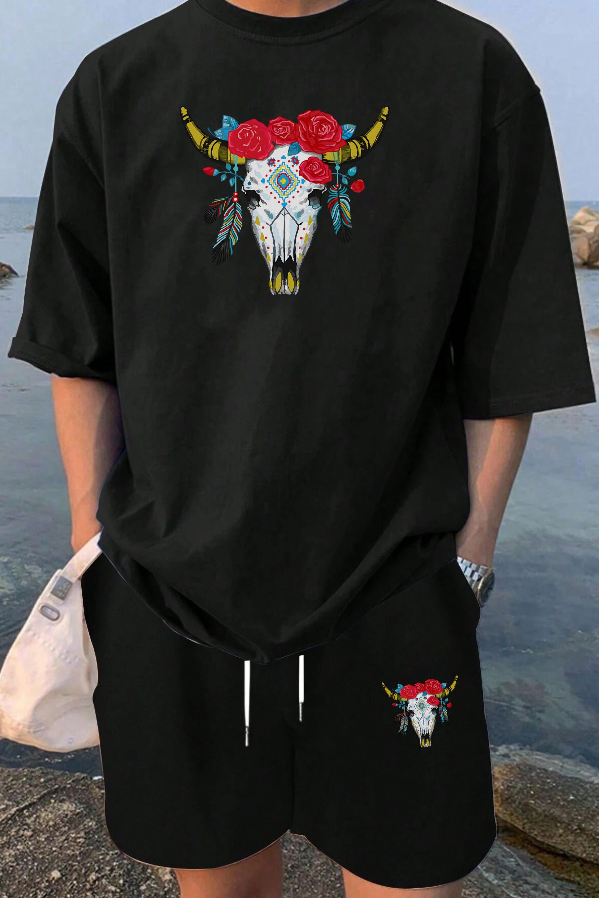 MELADYAN Renkli İnek Kafası Baskılı Siyah T-shirt Siyah Şort Alt Üst Takım