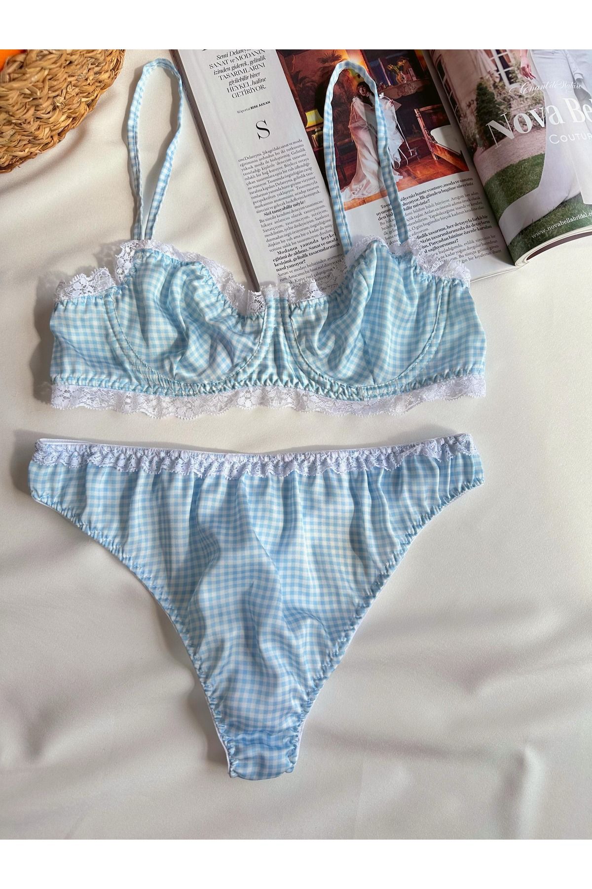 BLUE AVCI LINGERIE Bebe Mavisi Saten Bralet Takım