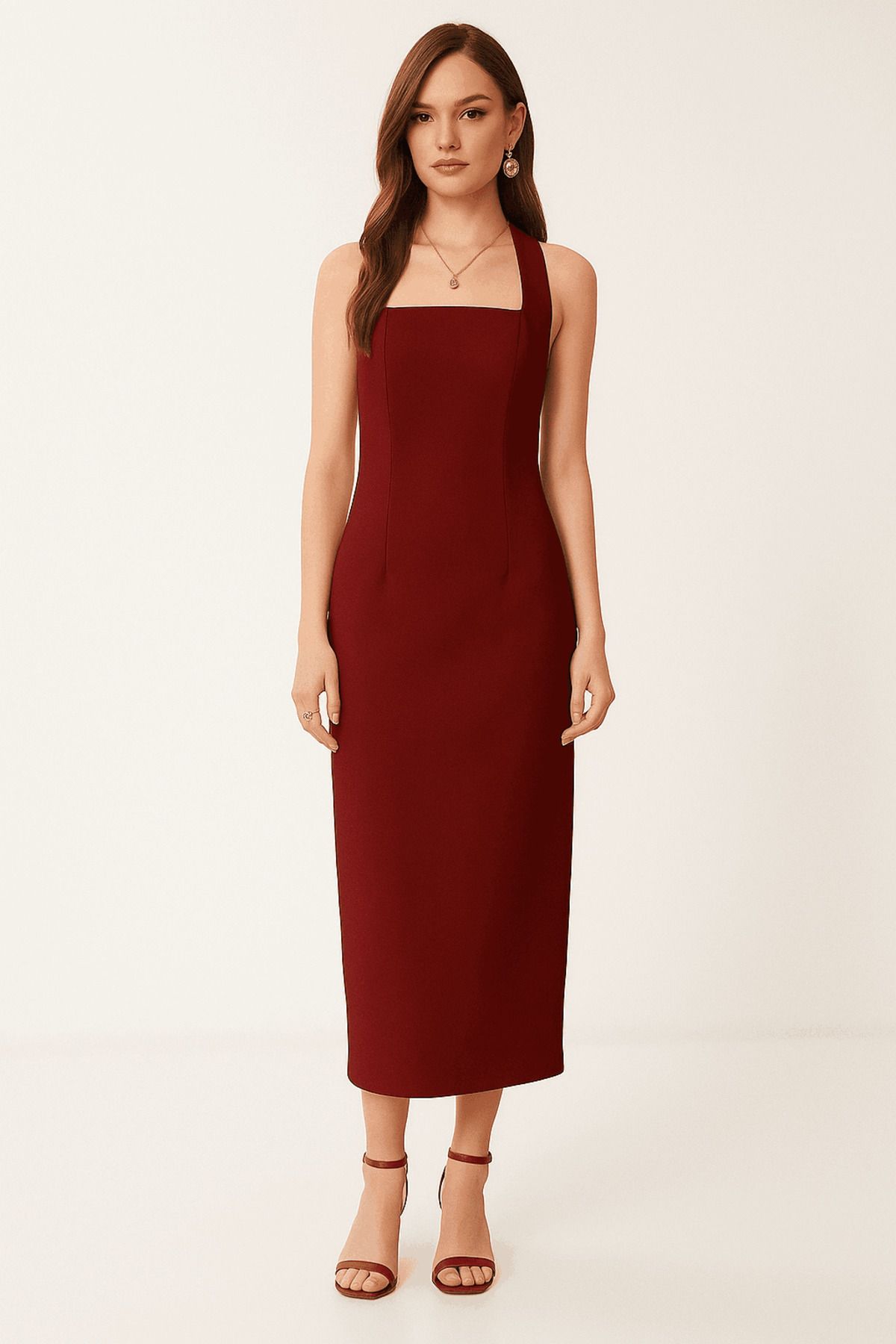 Glysso Halter Yaka Yırtmaçlı Midi Elbise Bordo