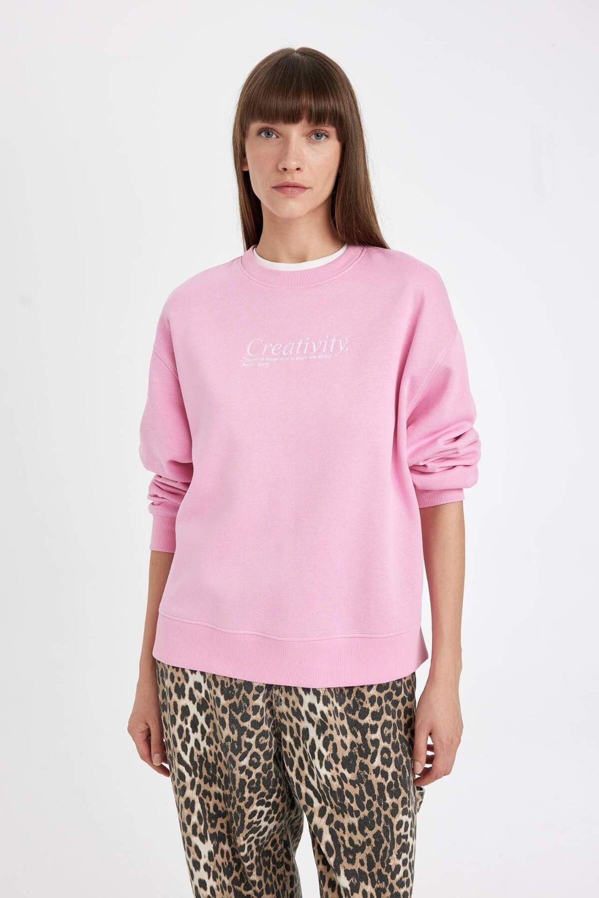 DeFacto Relax Fit Bisiklet Yaka Slogan Baskılı Kalın Sweatshirt D3135AX24WN