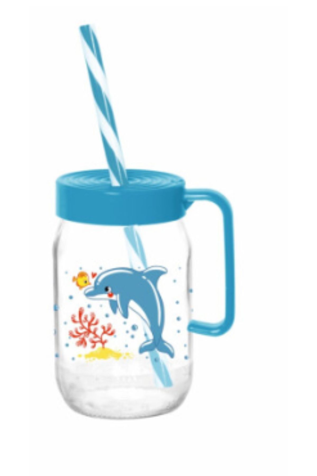 Herevin 370 Cc Balık Desenli Pipetli Kulplu Cam Bardak / BPA Free