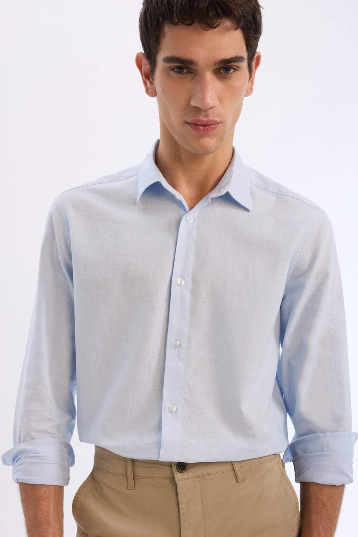 DeFacto Regular Fit Polo Yaka Keten Karışımlı Yazlık Uzun Kollu Gömlek E0518AX25SM