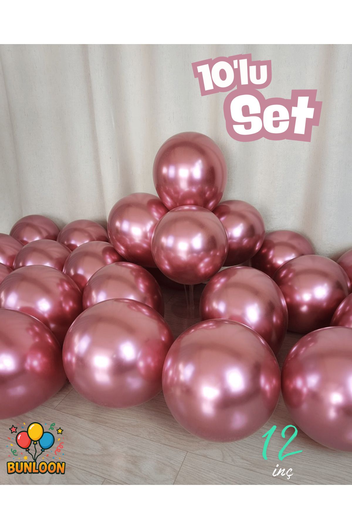 Bunloon Krom Pembe Balon 10'lu | 12 İnç Parlak Metalik Balon Seti | Parti & Doğum Günü Süsleri