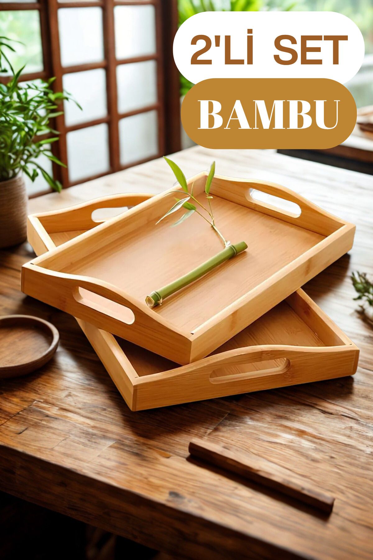 Dnl Home 2'li Bambu Ahşap Tepsi Dikdörtgen Kulplu Lüks Sunum Tepsi Set