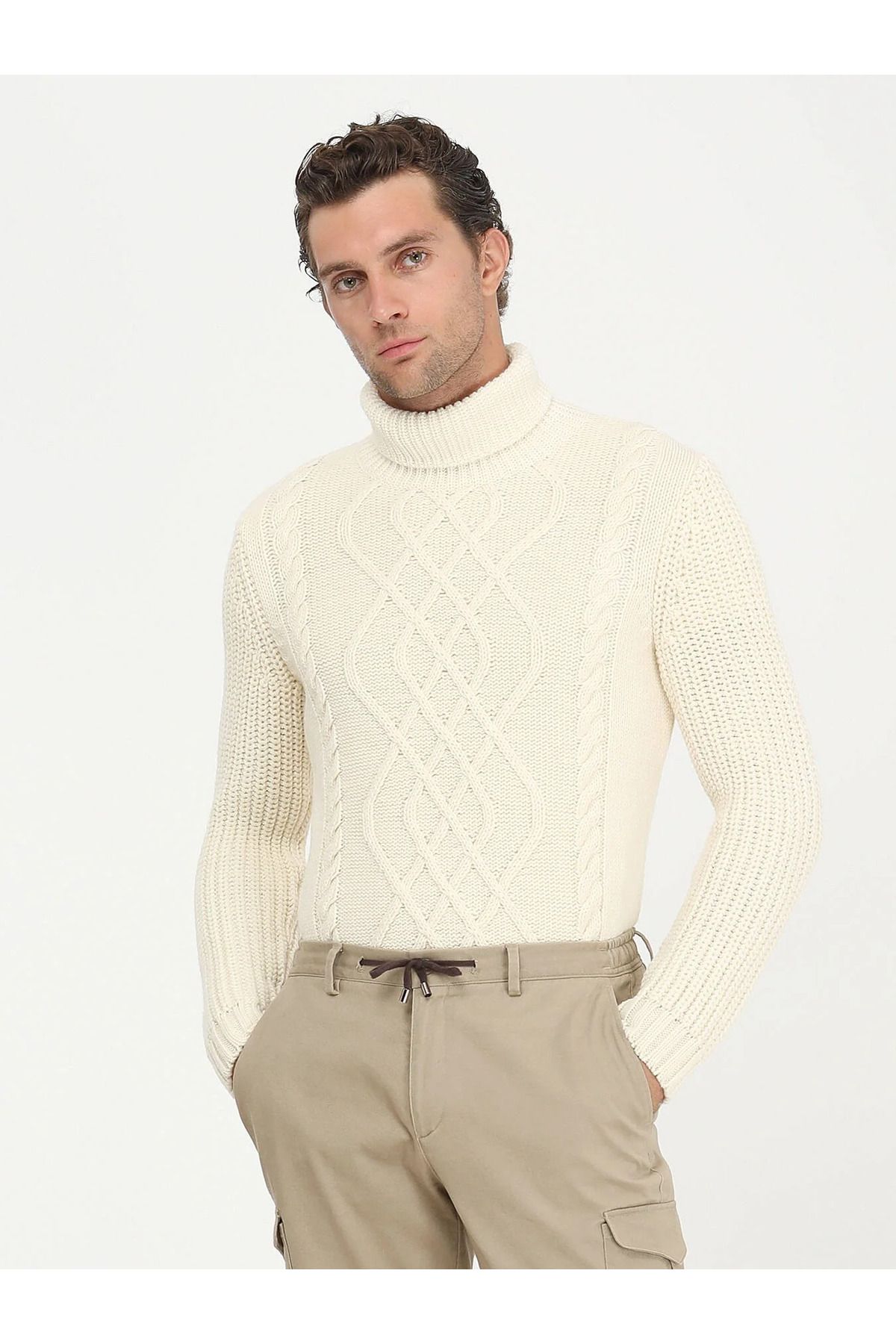Kip-Ecru Full Turtleneck Patterned Wool Blended Sweater 4