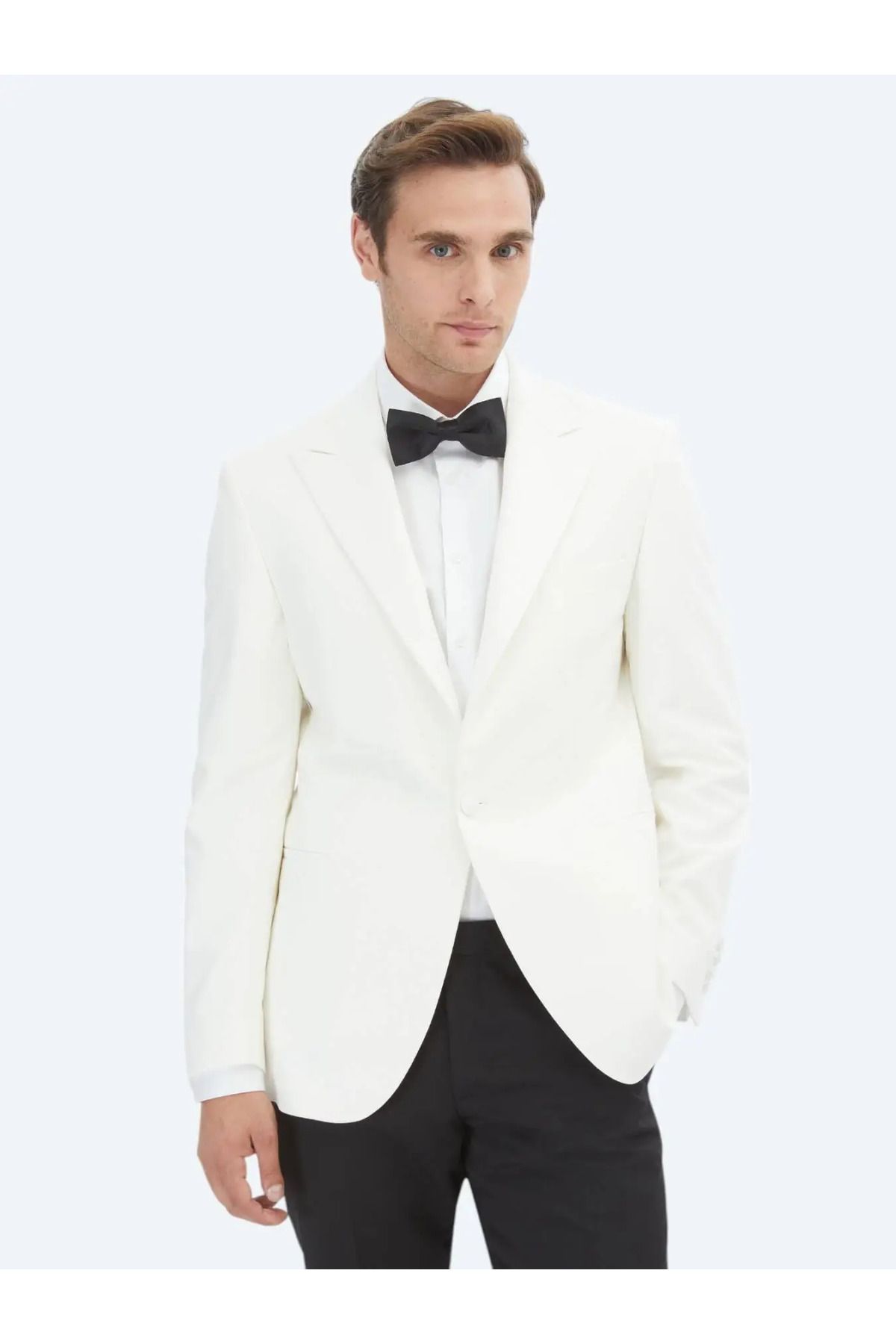 Kip Ekru Düz Slim Fit Kruvaze Yaka Dokuma Smokin Takım Elbise