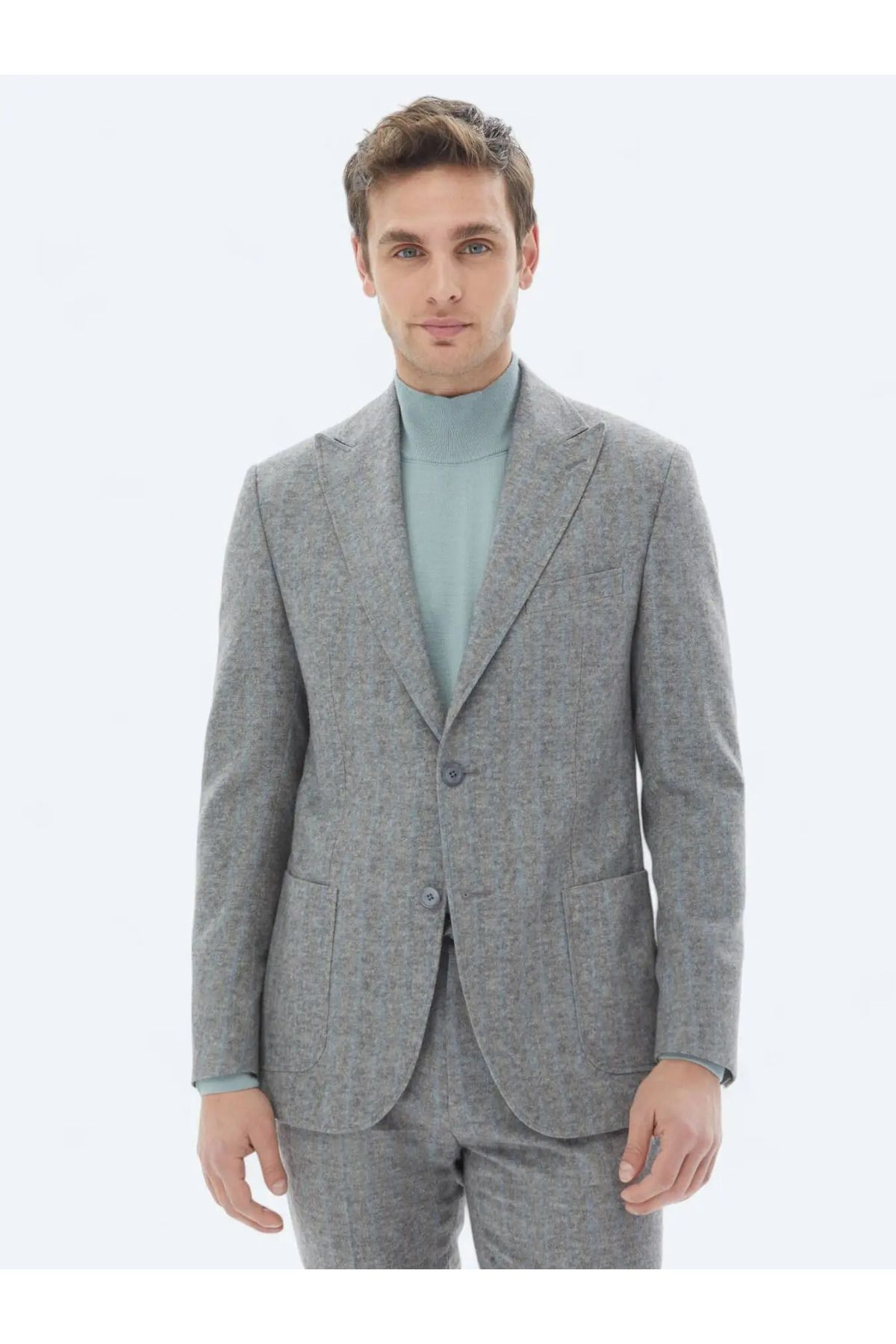 Kip-Modern Fit Gray Striped Wool Blend Suit 1