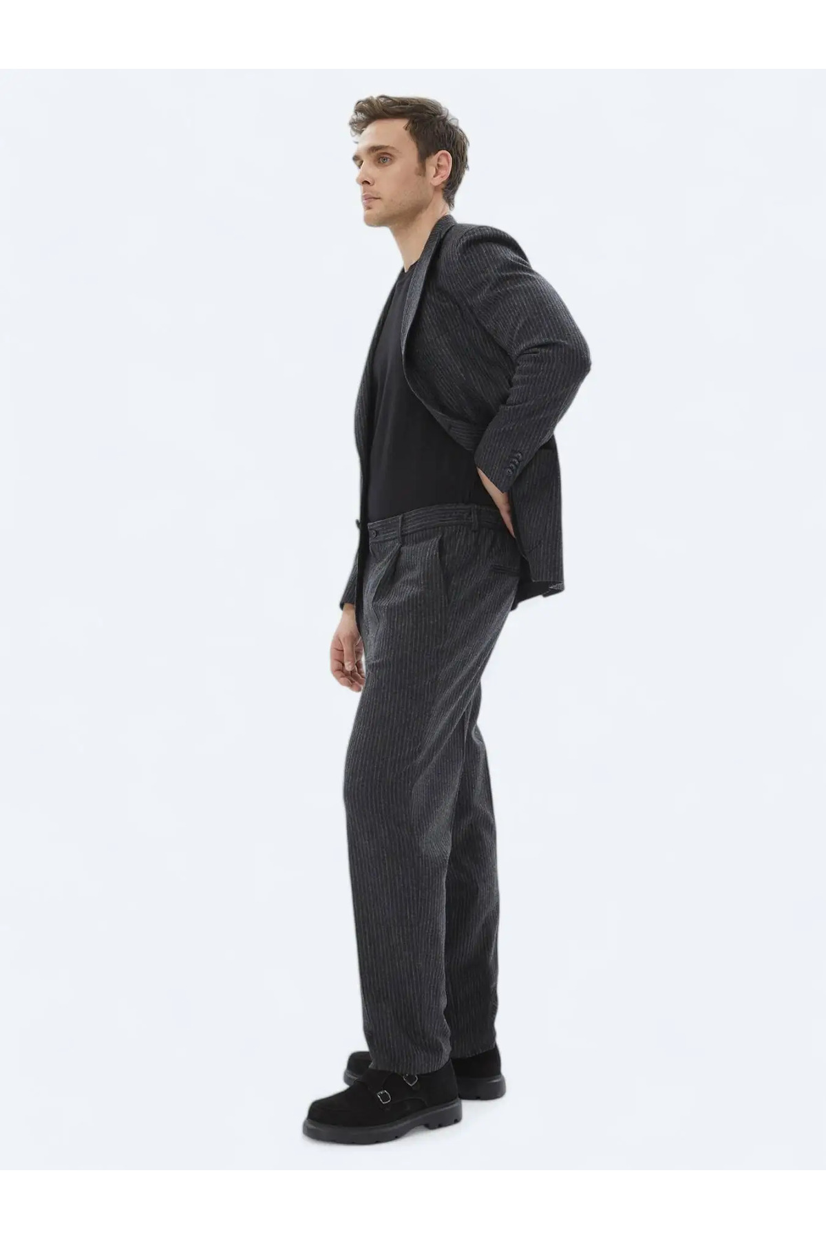 Kip-Anthracite Striped Modern Fit Wool Blended Suit 5