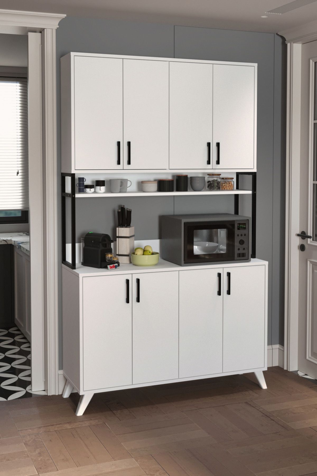 Bofigo Dulap Multifuncțional Cu 8 Uși, Dulap De Bucătărie Defne, Dulap Alimentar, Dulap De Cămară, Alb - One Size