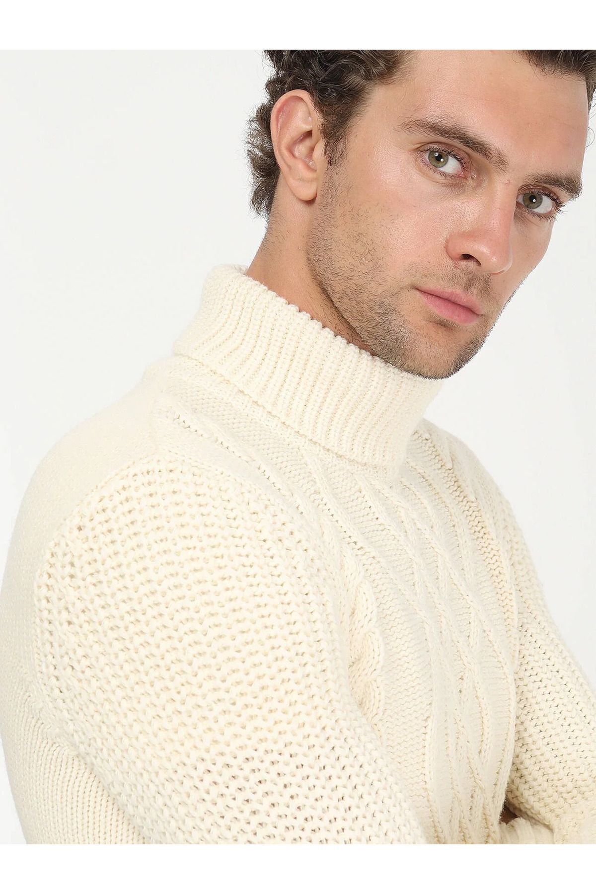 Kip-Ecru Full Turtleneck Patterned Wool Blended Sweater 3