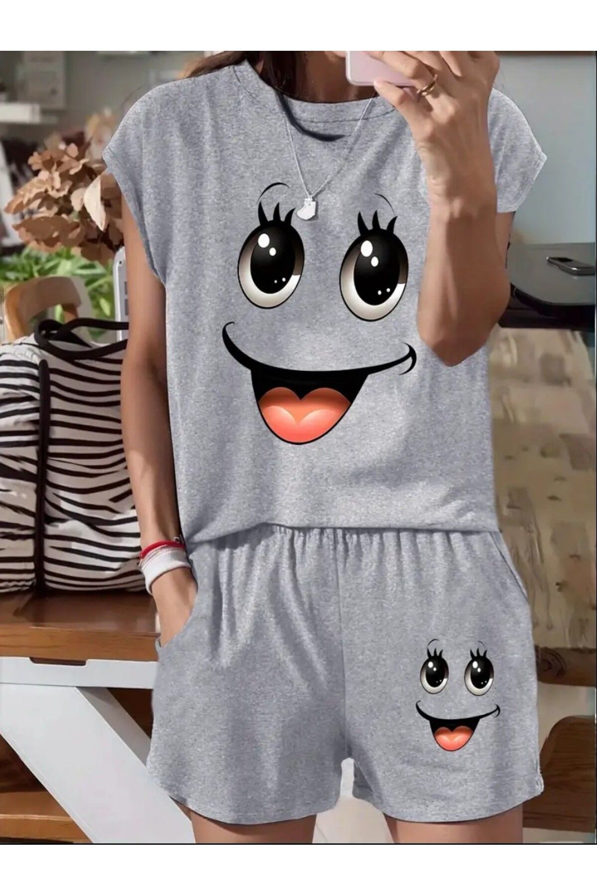 trend selection Happy Gülen Surat Baskılı, Oversize, Kadın Alt Üst Takım