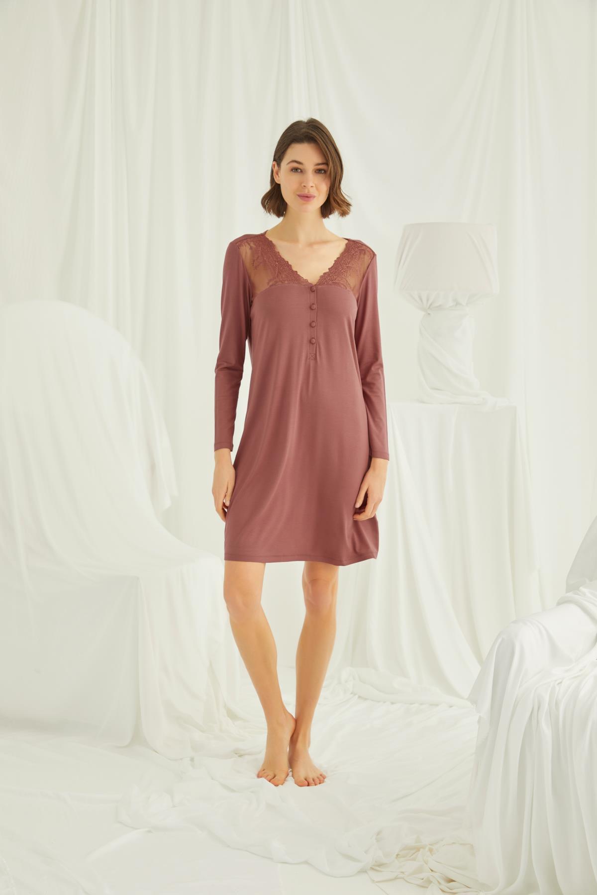 MONAMİSE Yakası ve Omzu Dantelli Önü Düğmeli Gecelik