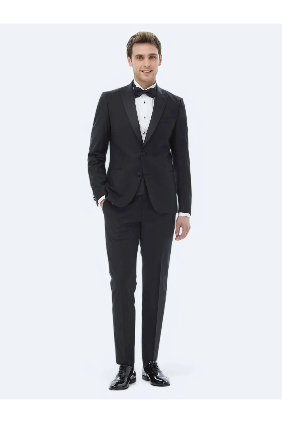 Kip Siyah Düz Slim Fit Çıkarılabilir Kruvaze Yaka Dokuma Smokin Takım Elbise