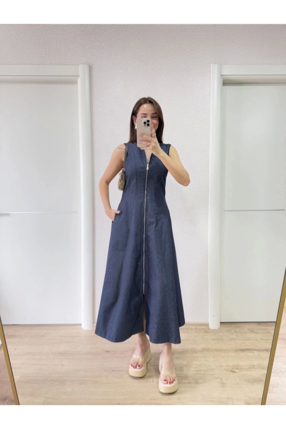 Butik Jeans Kot Önü Tam Fermuarlı Uzun Elbise - Mavi