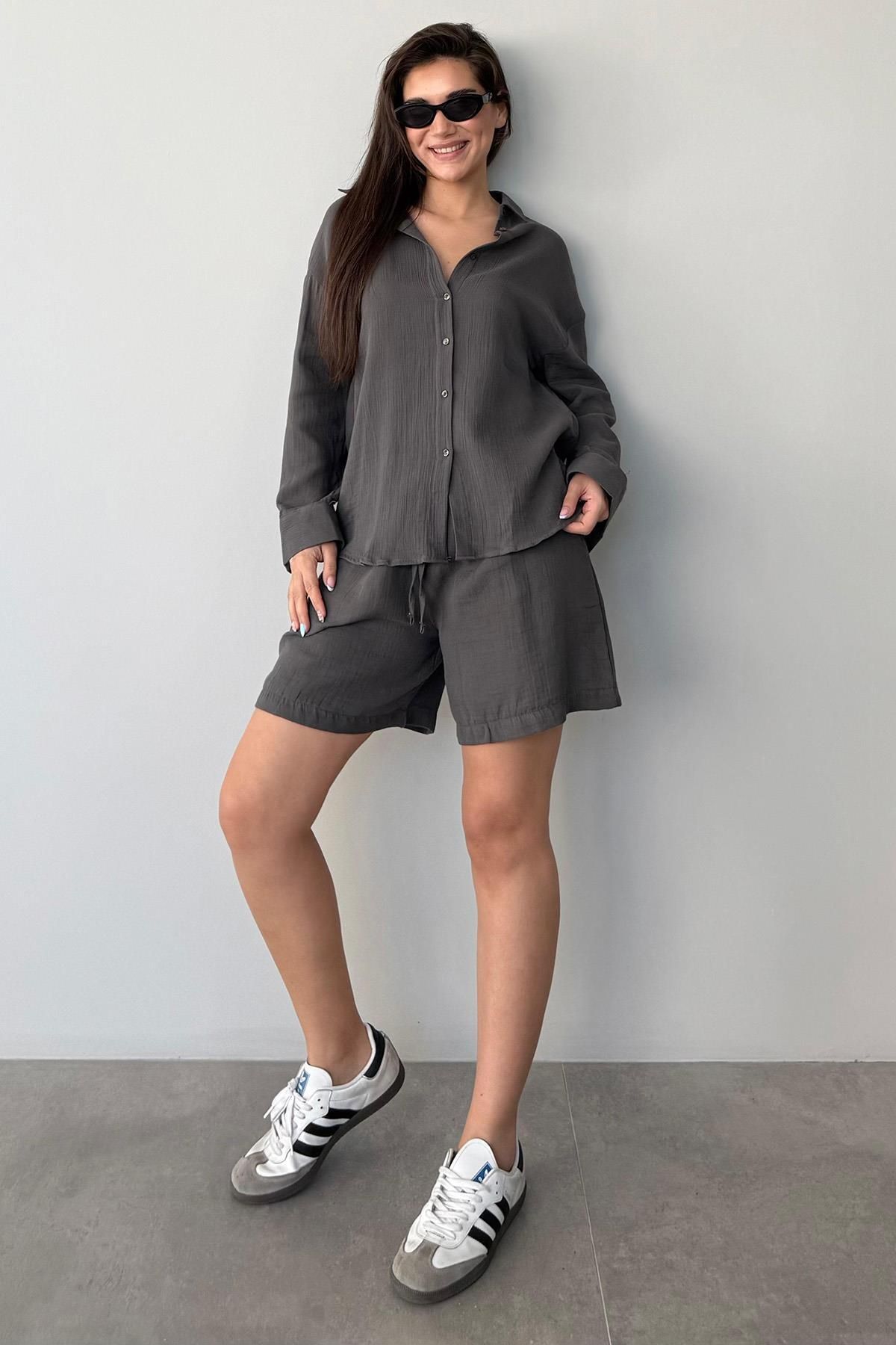 Seeh Füme Basic Müslin Şort Gömlek Takım Sh230