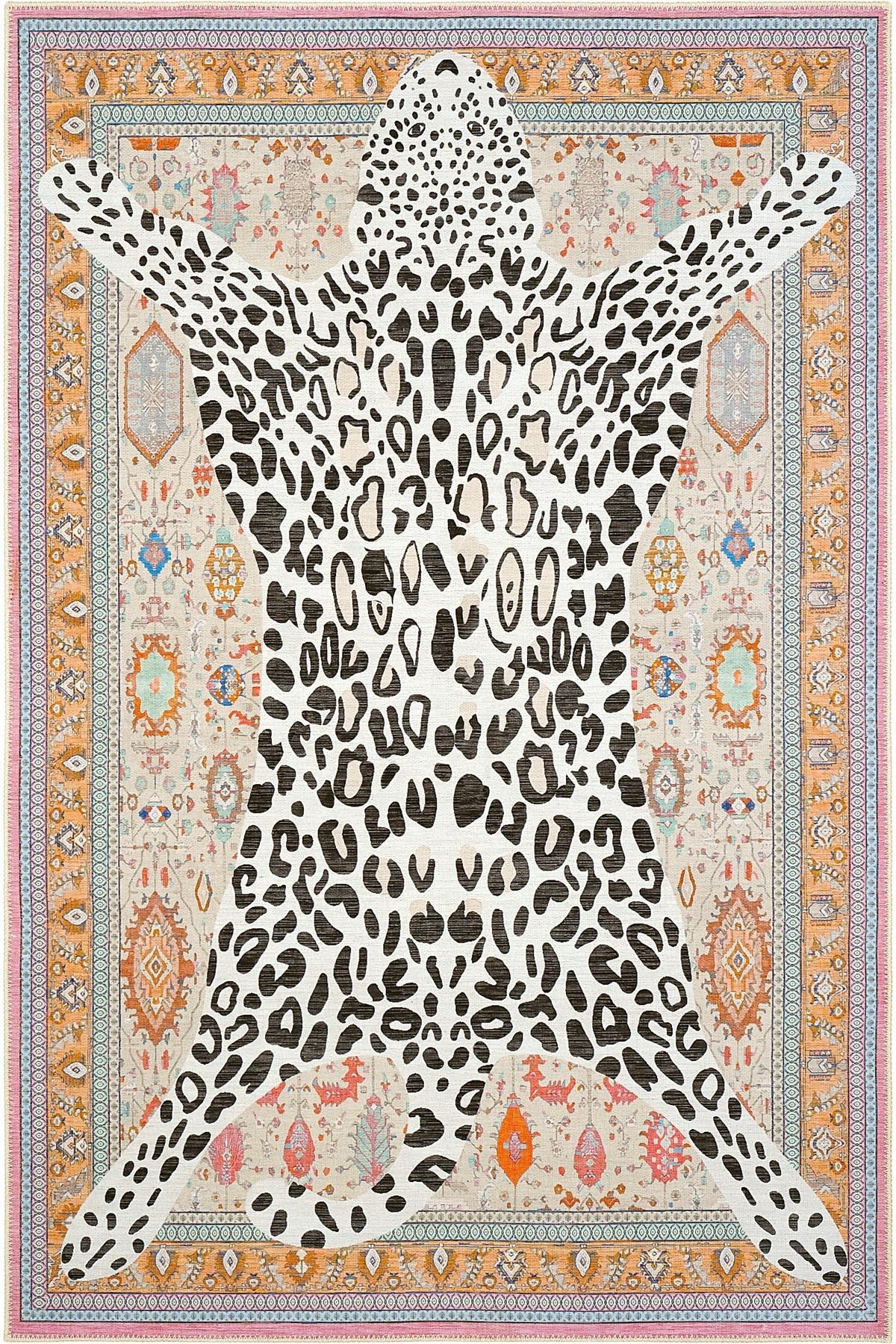Cool Halı Jagora Leopar Halı Kaplan Desenli Vintage Bej Şönil Halı Makinede Yıkanan Leoparlı Dekoratif Halı