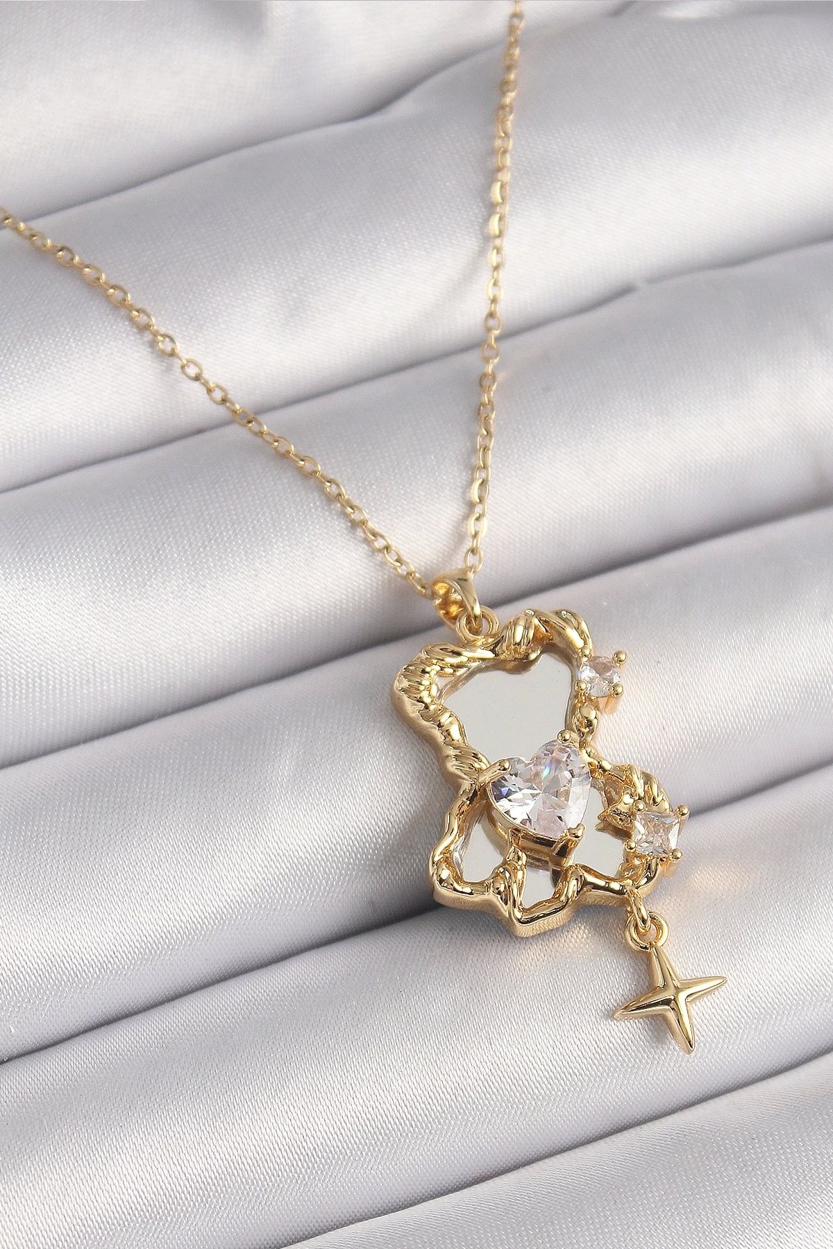 luz&pos 316L Çelik Gold Renk Zincir Ayna Ayıcık Model Zirkon Taşlı Kalp Model Kadın Kolye