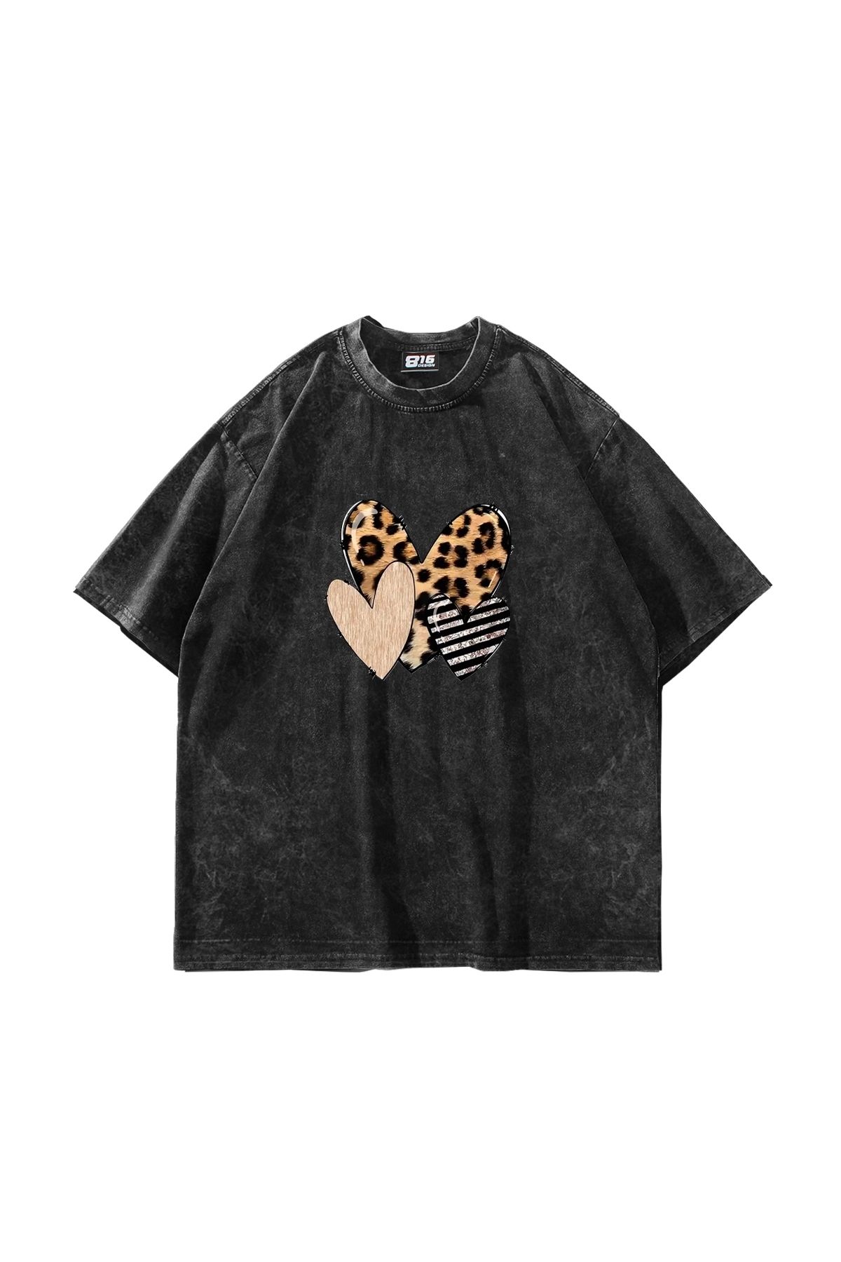 Bak Moda Leopar Heart Baskılı Oversize Unisex Yıkamalı Siyah Tshirt
