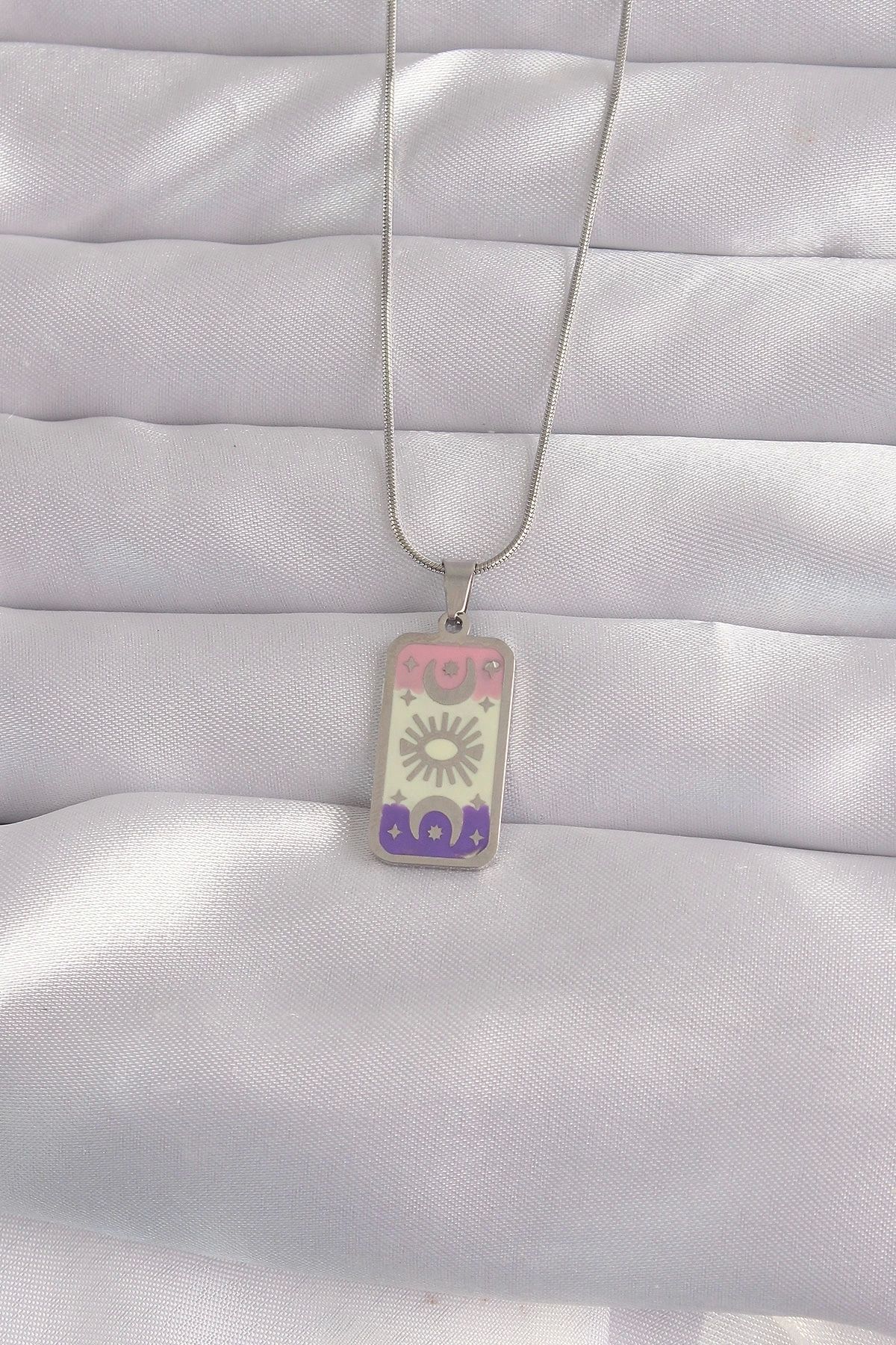 luz&pos 316L Çelik Gümüş Renk Karışık Mineli Ay Figür Tarot Kolye