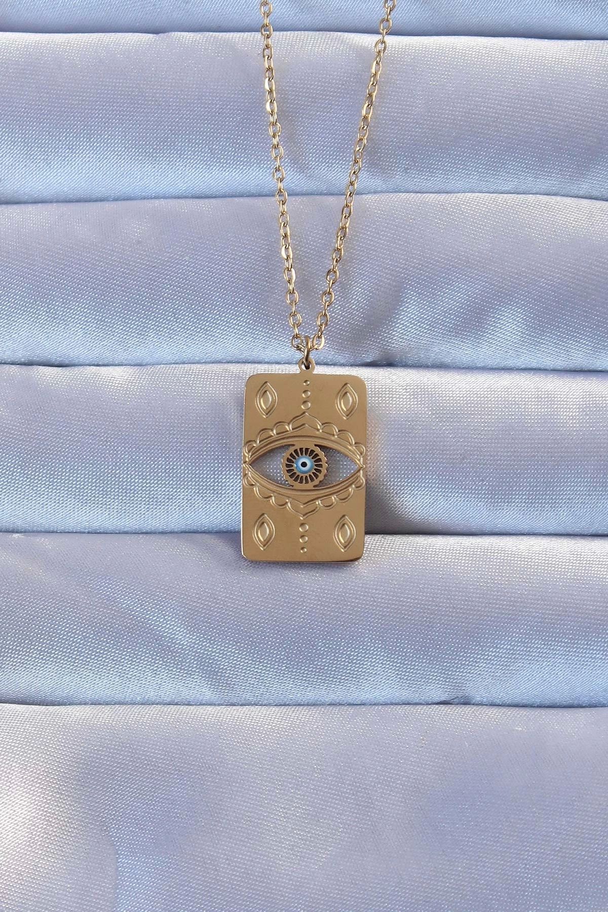 luz&pos 316L Altın Renk İşlemeli Nazarlı Vintage Kolye