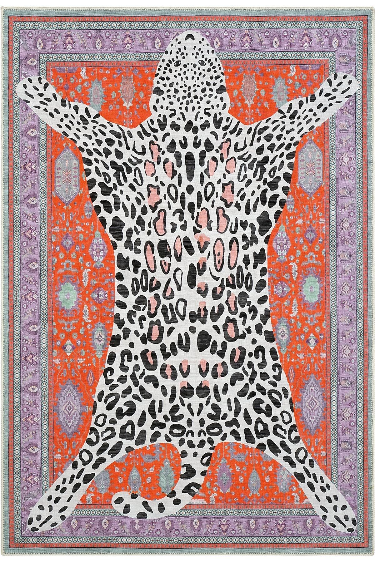 Cool Halı Jagora Leopar Halı Kaplan Desenli Vintage Kırmızı Şönil Halı Yıkanabilir Leoparlı Dekoratif Halı