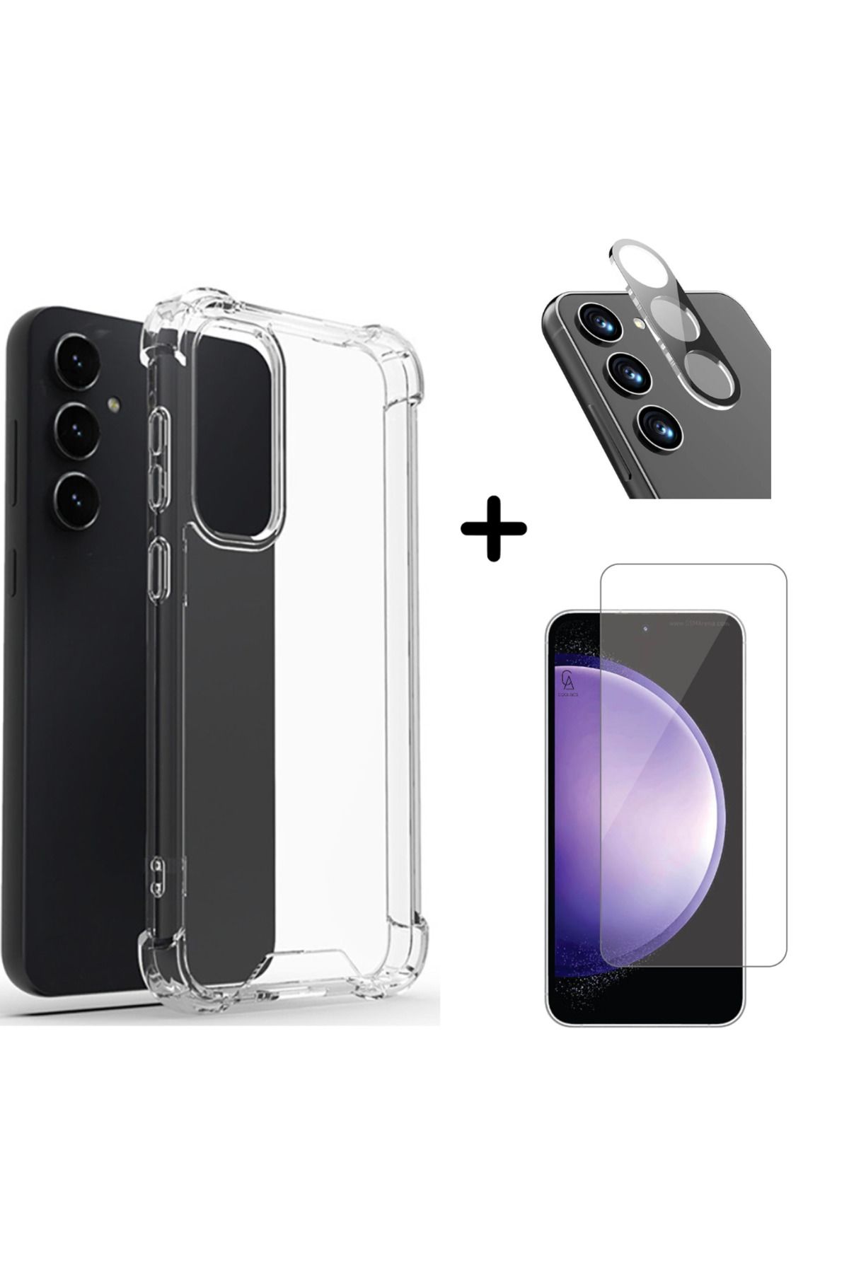 Coolacs Samsung Galaxy S23 FE Uyumlu Kılıf Şeffaf Temperli Kırılmaz Cam Ekran ve Kamera Lens Koruyucu Seti