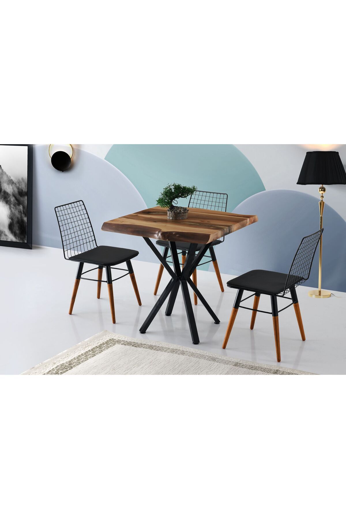 Levent Mobilya Aksesuar TESELYA MASA, AHŞAP KOLSUZ SANDALYE, CEVİZ, 80x80
