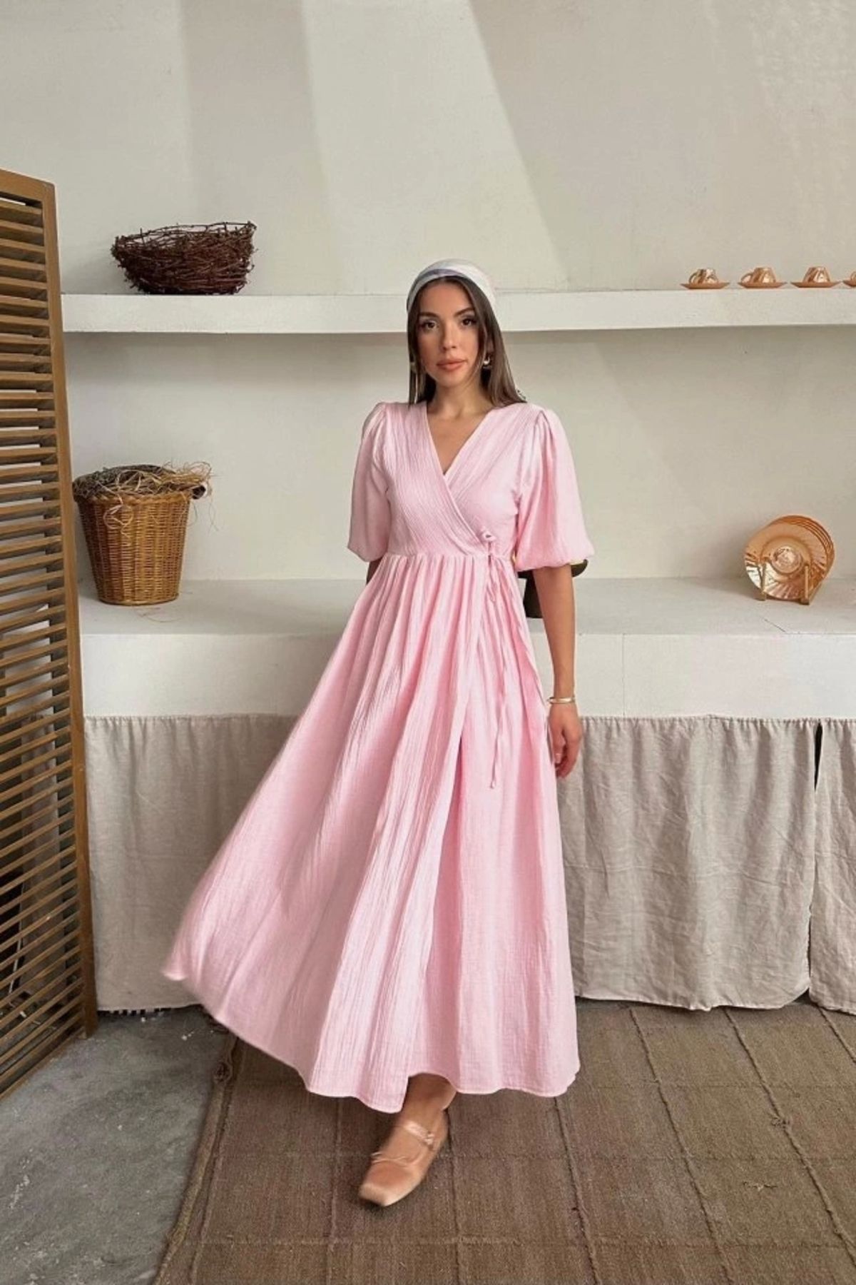 Butik Pembe Müslin Uzun Elbise