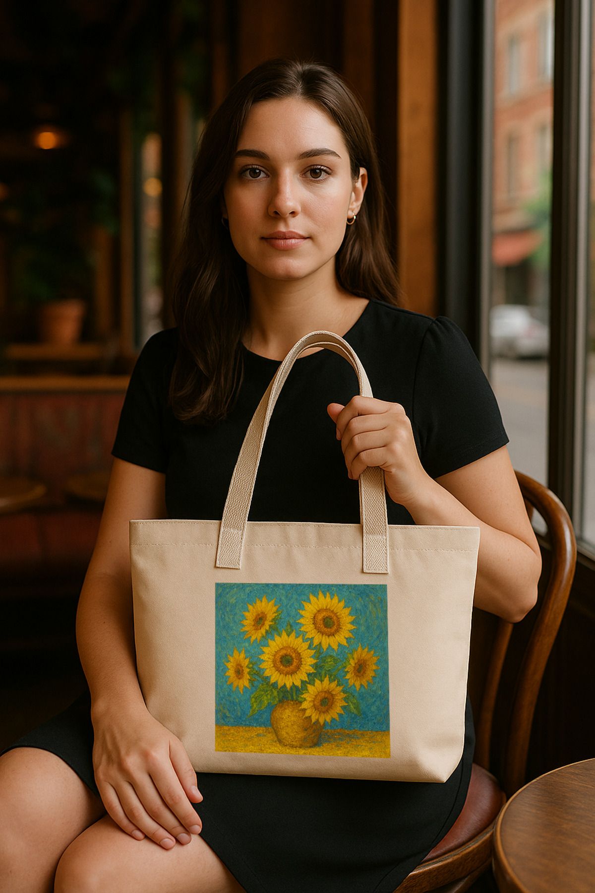 wolka Van Gogh Stil Ayçiçeği Baskılı Körüklü Kalın Kanvas Bez Çanta