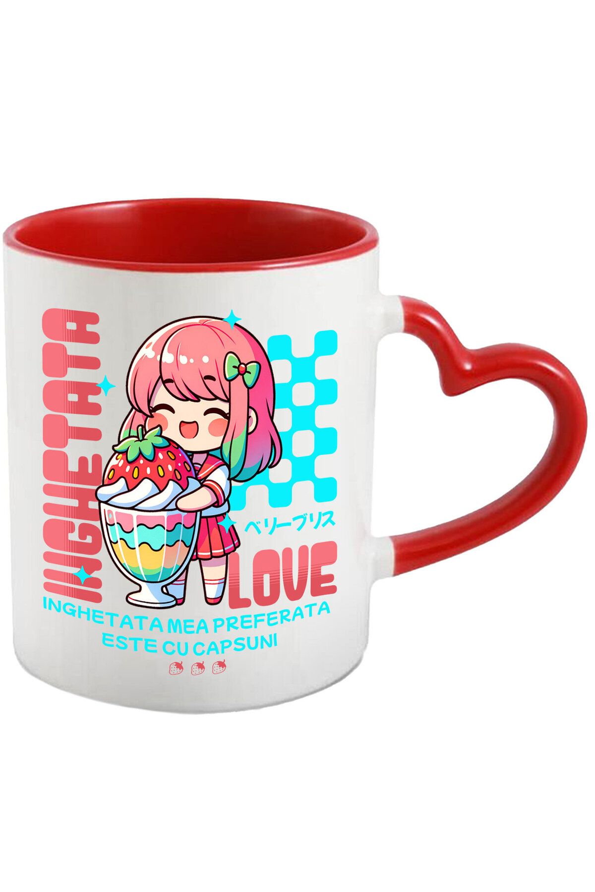 StoryGift Romania Cana Cu Fata Stil Anime Cu Pahar Imens De Milkshake Si Capsuna Text Inghetata, C, Cu ,stg - One Size