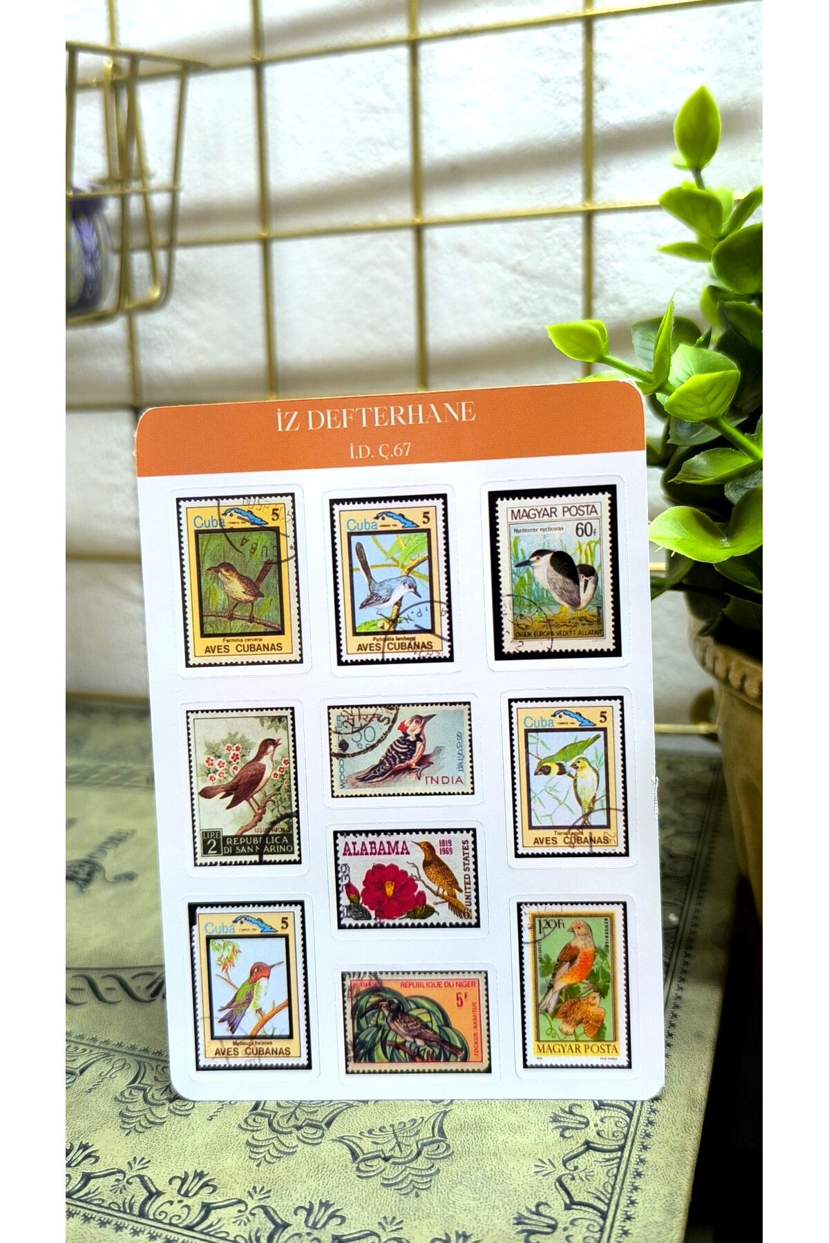 İZ DEFTERHANE Nostaljik Vintage Kus Detaylı Pul Çıkartma Sticker