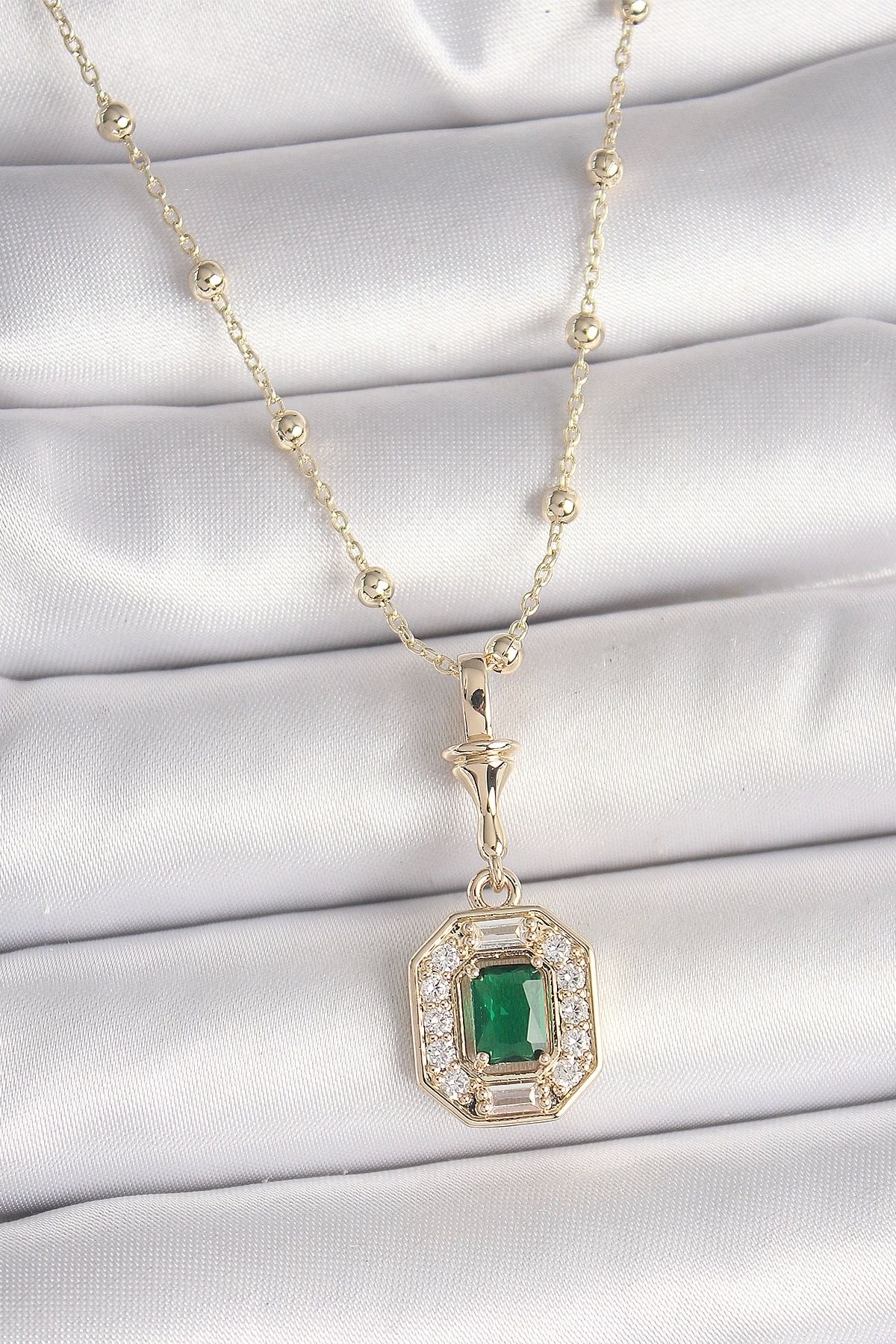 luz&pos Pirinç Gold Renk Zirkon Taşlı Topçuk Zincir Serenay Model Kadın Kolye
